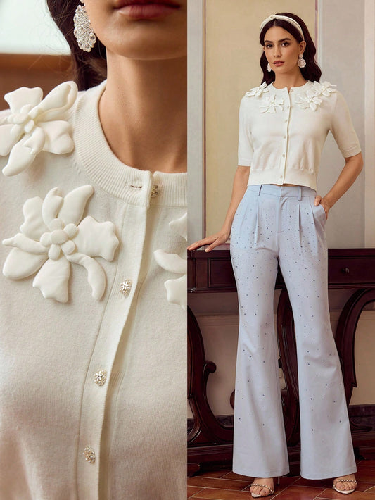 CM-TS040542 Women Elegant Seoul Style 3D Floral Decor Crew Neck Half Sleeve Top - White