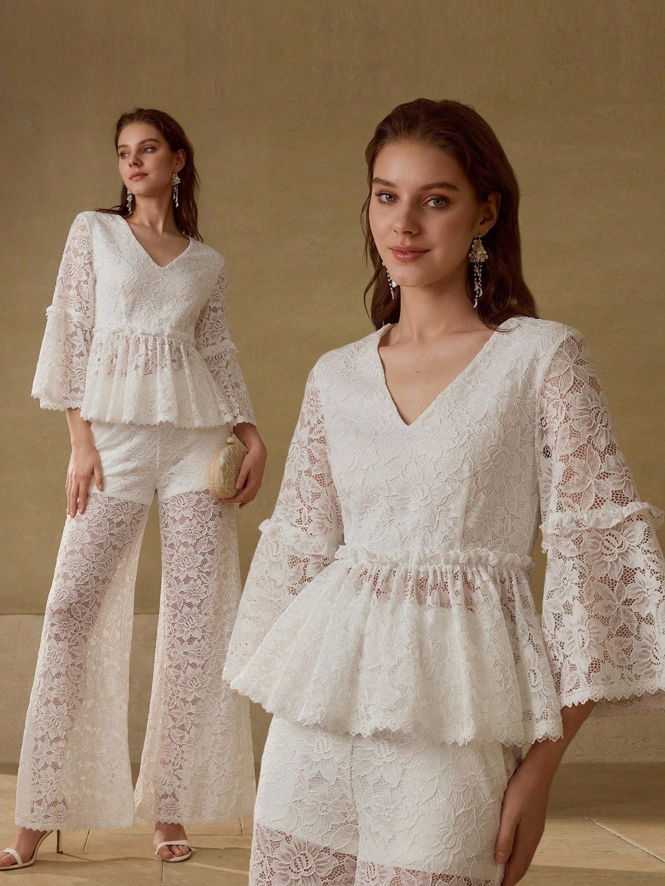 CM-TS230883 Women Elegant Seoul Style V-Neck Flounce Sleeve Lace Ruffle Hem Blouse - White