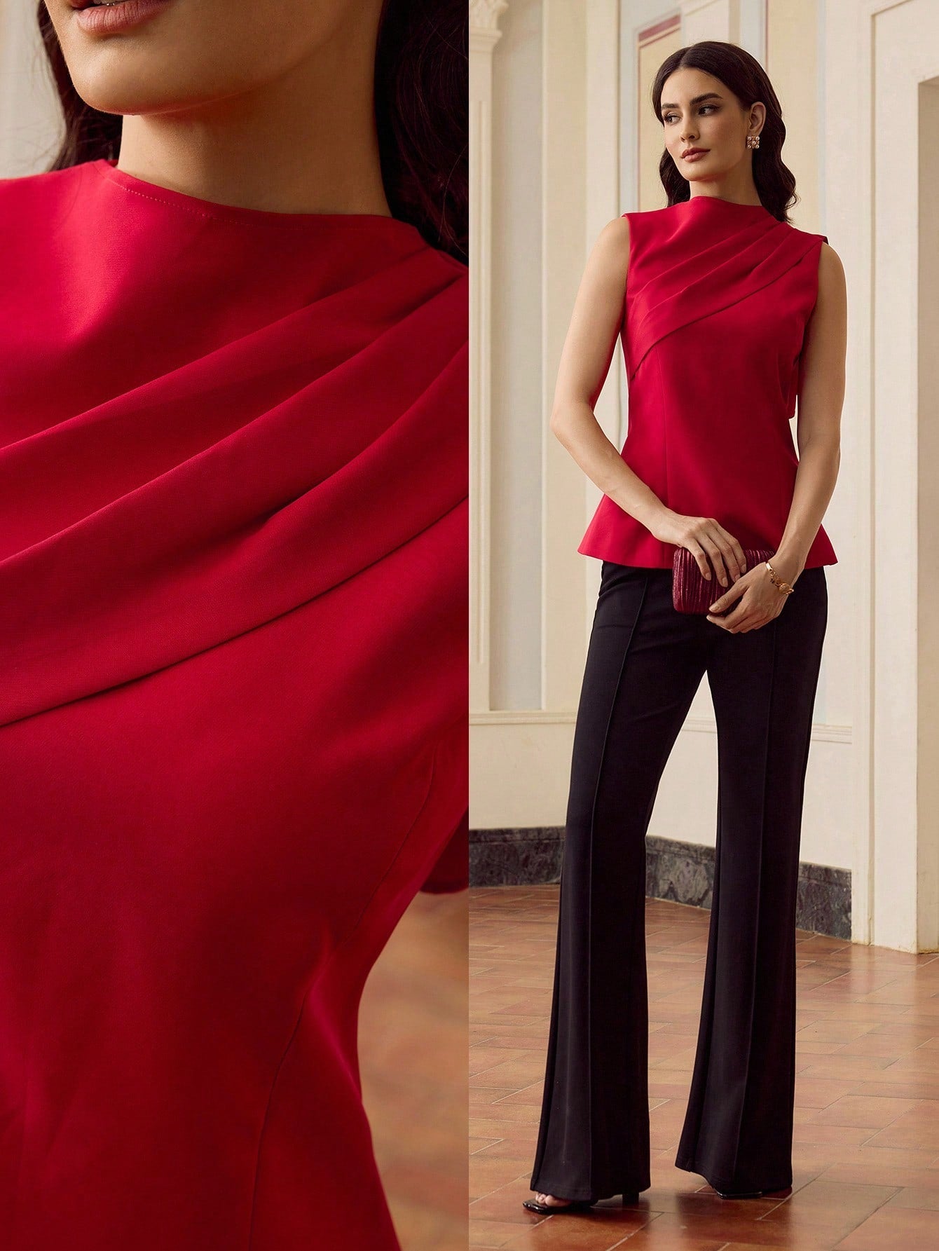 CM-TS149797 Women Elegant Seoul Style Sleeveless Asymmetric Pleated Ruched Waist Blouse - Red