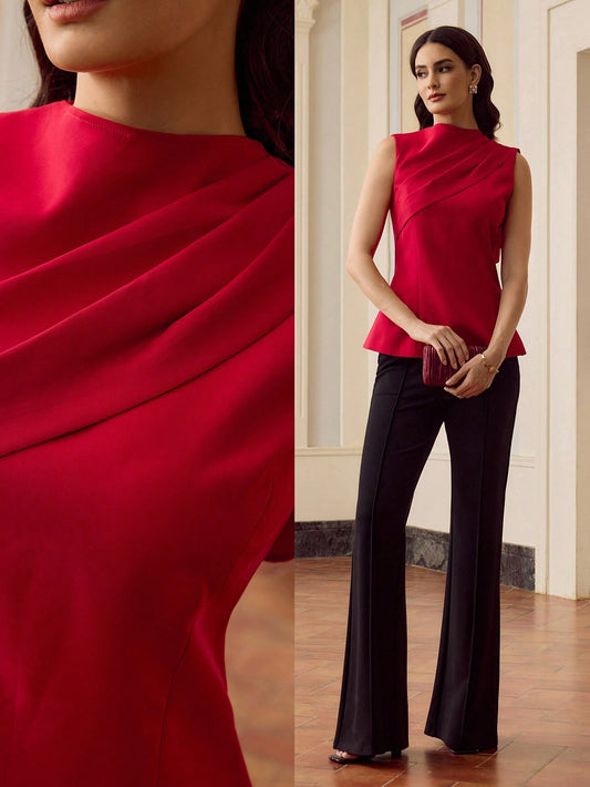 CM-TS149797 Women Elegant Seoul Style Sleeveless Asymmetric Pleated Ruched Waist Blouse - Red