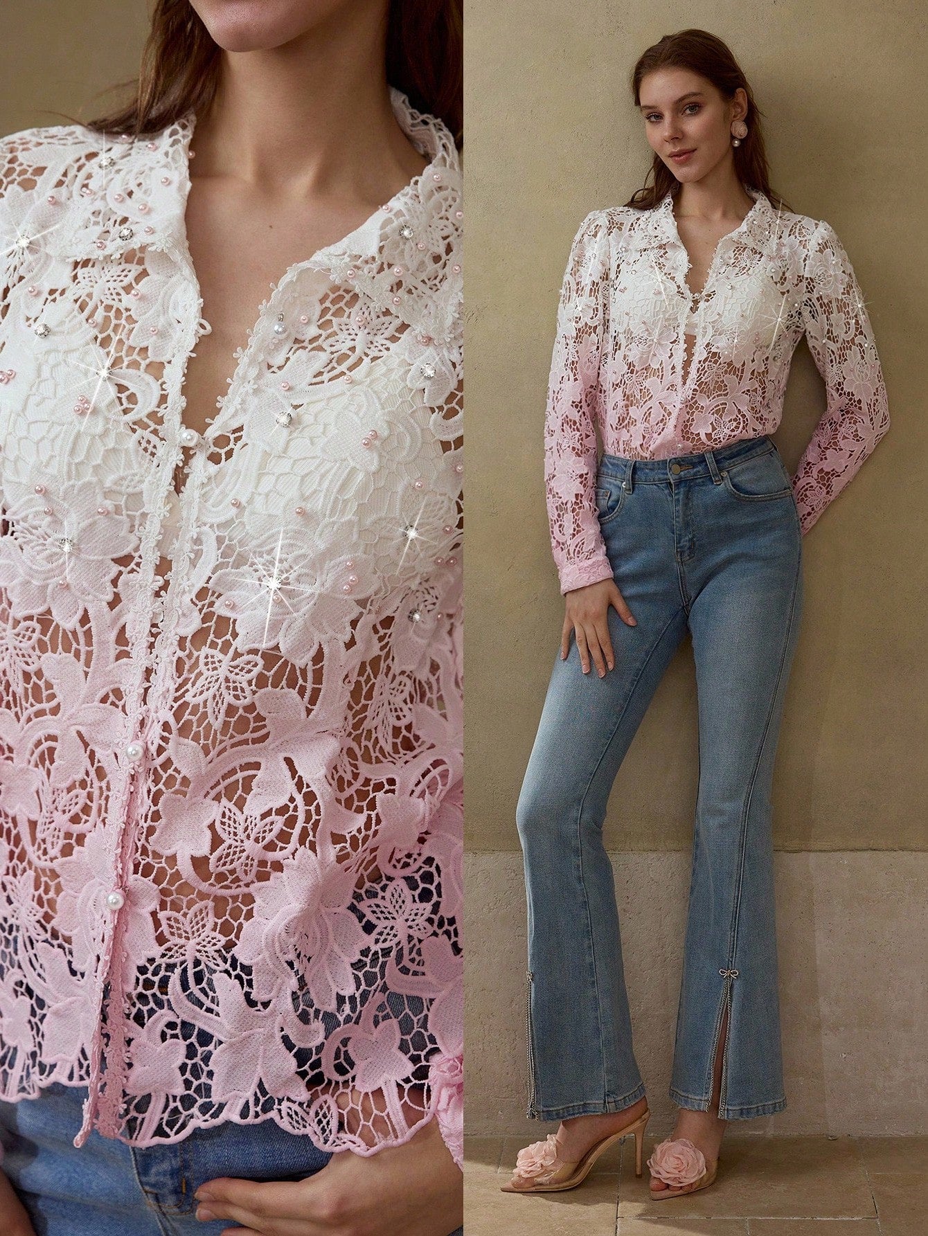 CM-TS321333 Women Elegant Seoul Style Ombre Hollow Guipure Lace Rhinestone Decor Long Sleeve Blouse - Pink