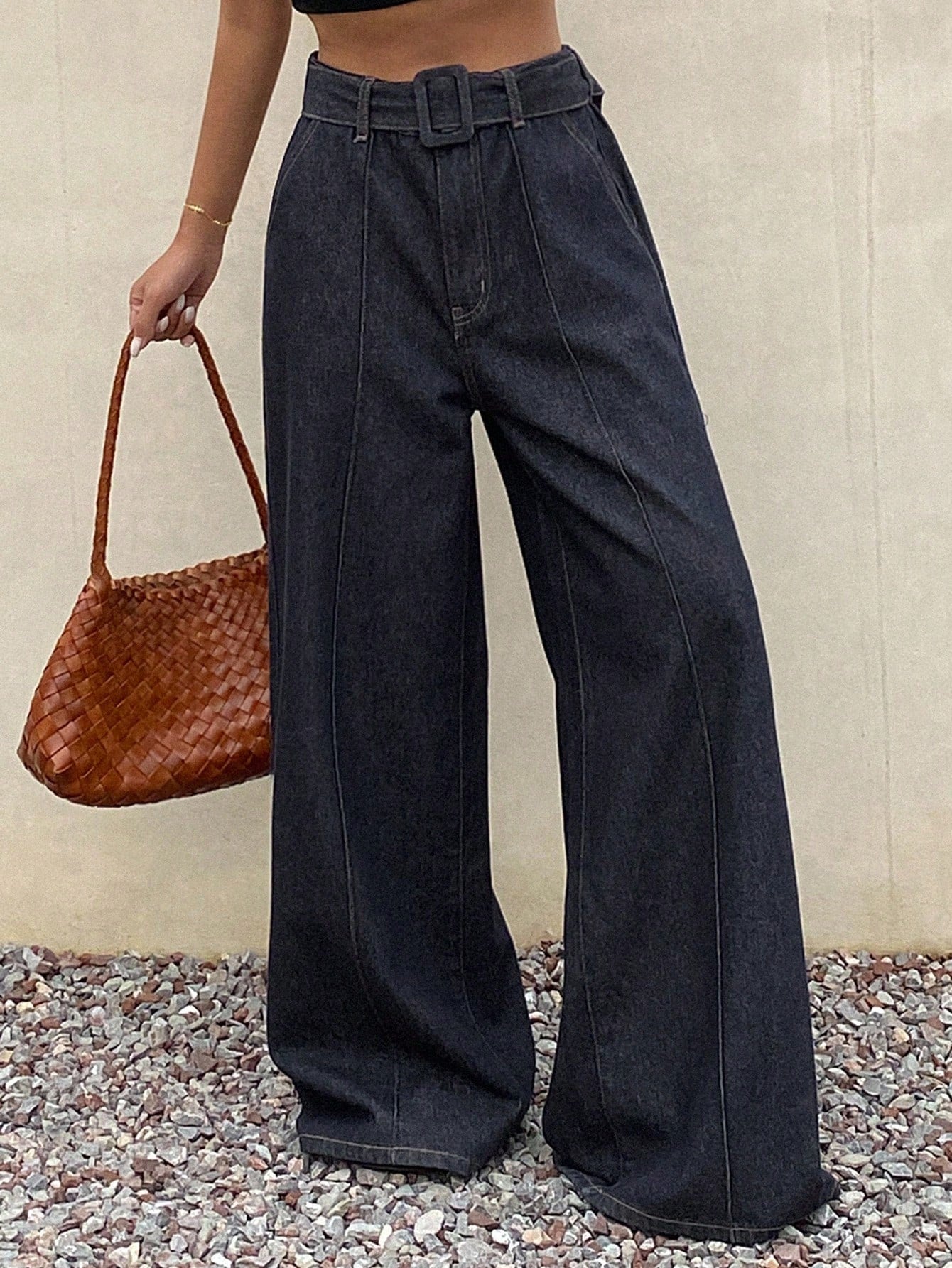 CM-BS566523 Women Casual Seoul Style Dark Wash Mid Waist Loose Fit Slant Pocket Wide Leg Jeans