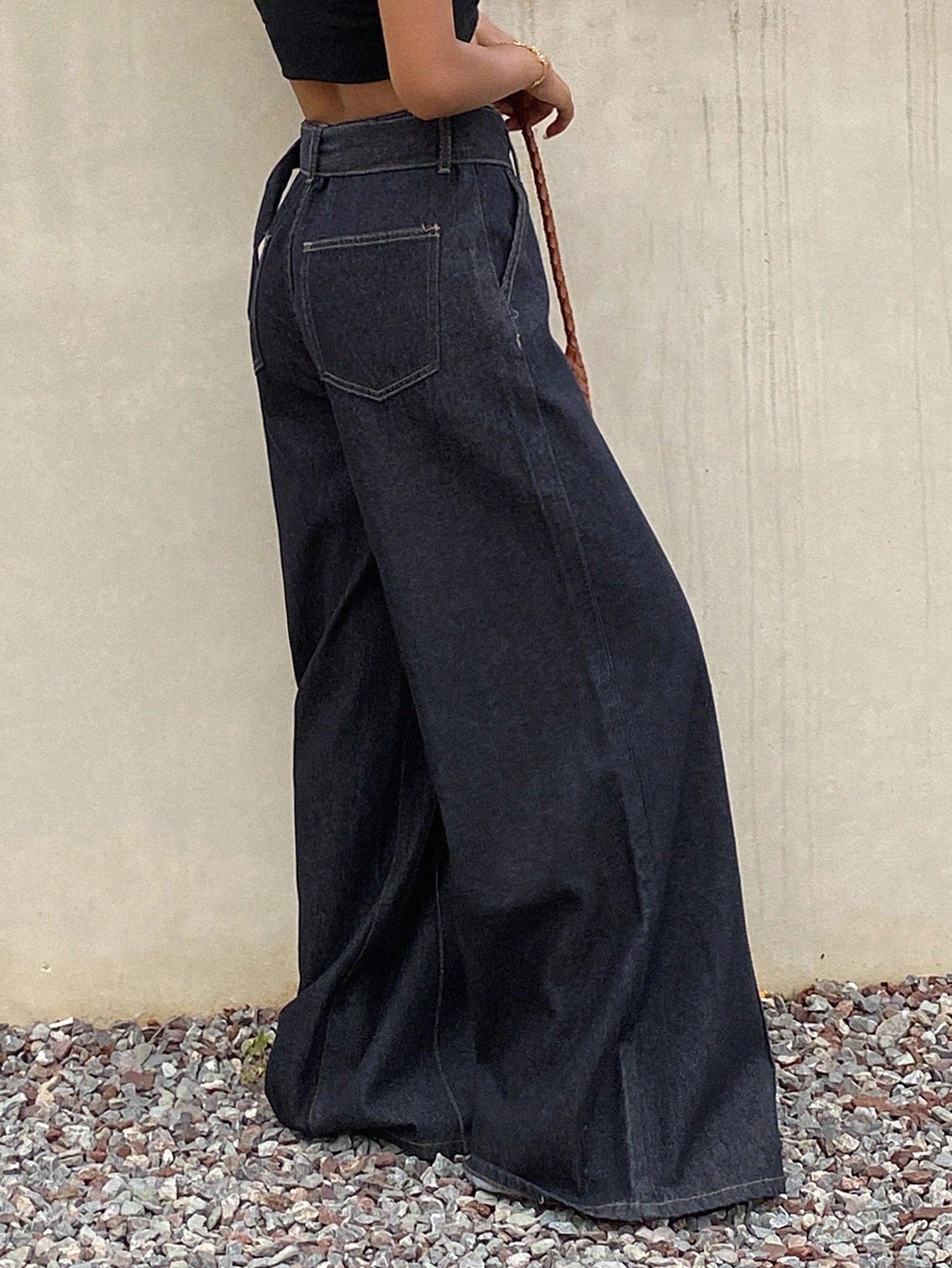 CM-BS566523 Women Casual Seoul Style Dark Wash Mid Waist Loose Fit Slant Pocket Wide Leg Jeans