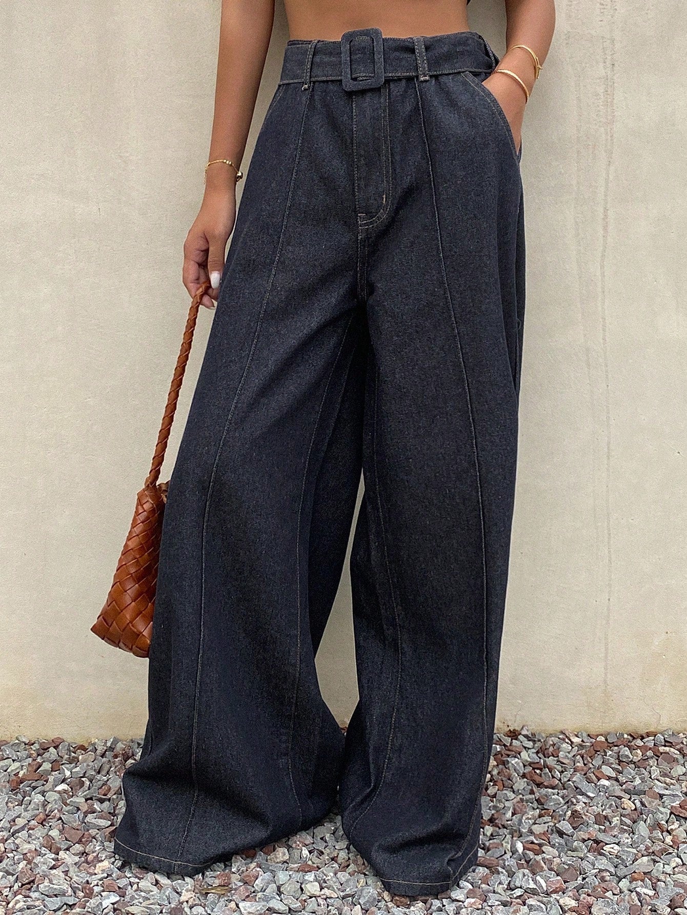 CM-BS566523 Women Casual Seoul Style Dark Wash Mid Waist Loose Fit Slant Pocket Wide Leg Jeans