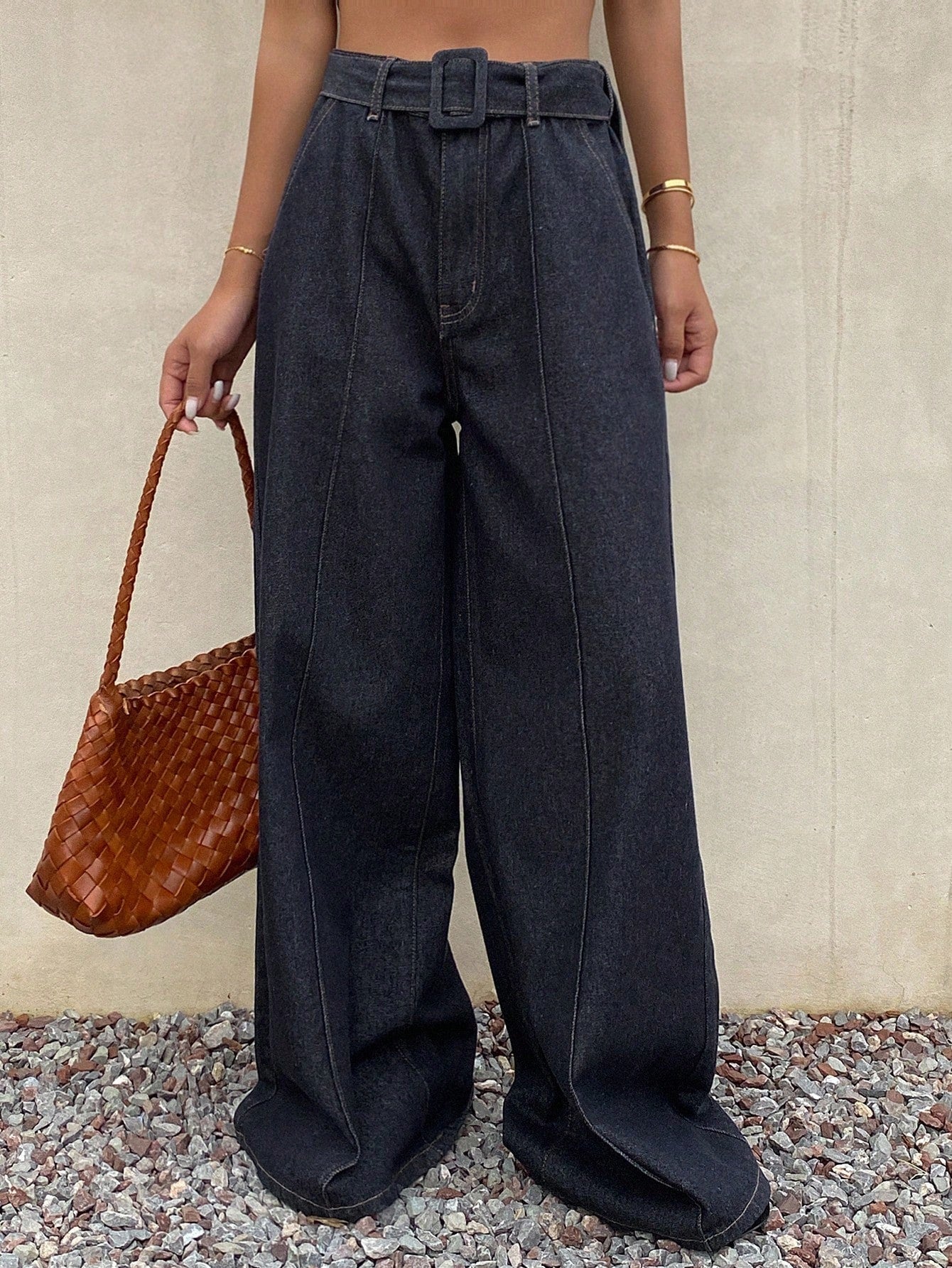CM-BS566523 Women Casual Seoul Style Dark Wash Mid Waist Loose Fit Slant Pocket Wide Leg Jeans