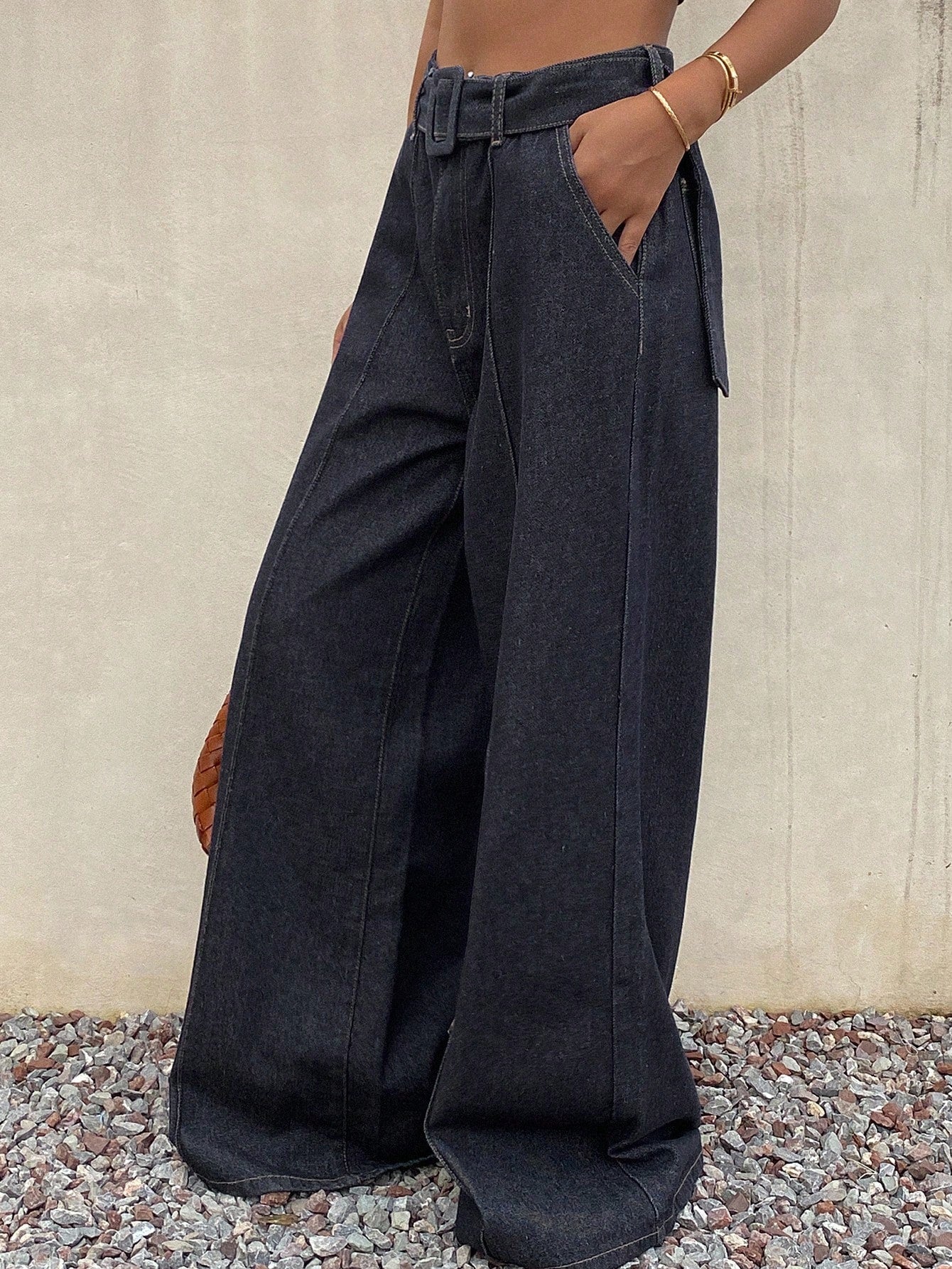 CM-BS566523 Women Casual Seoul Style Dark Wash Mid Waist Loose Fit Slant Pocket Wide Leg Jeans