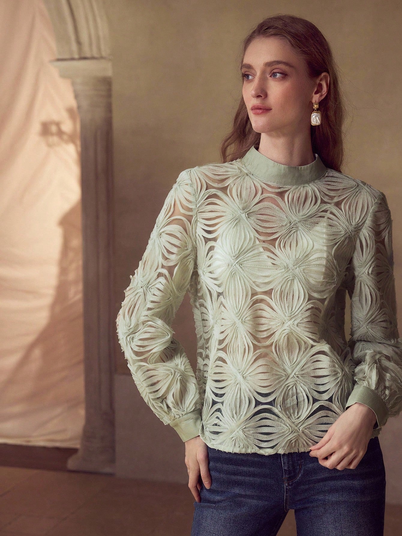 CM-TS362281 Women Elegant Seoul Style Hollow Out Floral Mesh Stand Collar Lantern Sleeve Blouse - Green