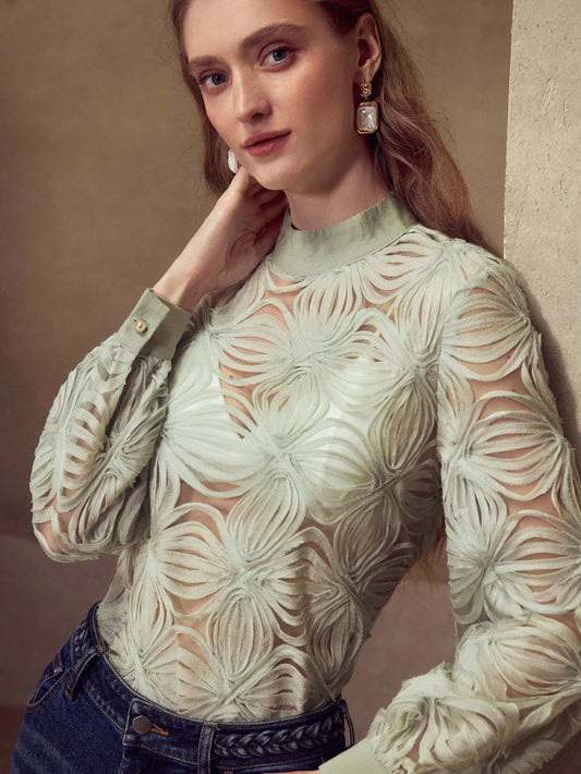 CM-TS362281 Women Elegant Seoul Style Hollow Out Floral Mesh Stand Collar Lantern Sleeve Blouse - Green