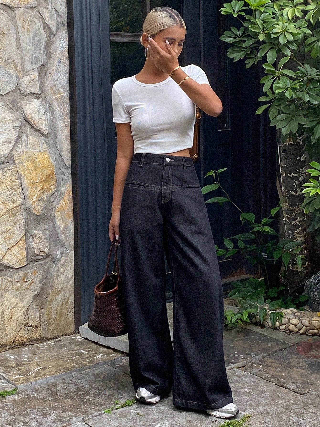 CM-BS246174 Women Casual Seoul Style Dark Wash Mid Waist Split Loose Baggy Wide Leg Denim Jeans