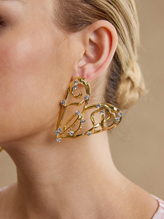 CM-AXS522279 Women Trendy Seoul Style Rhinestone Studded Hollow Out Heart Stud Earrings - Gold
