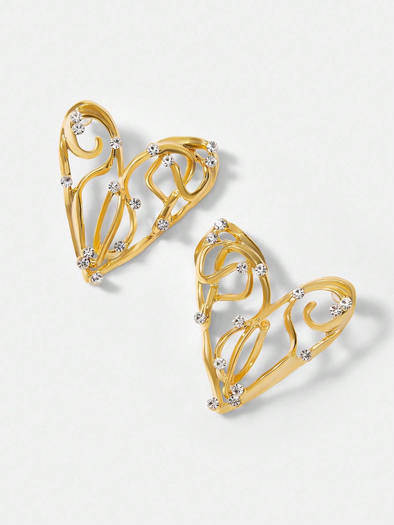 CM-AXS522279 Women Trendy Seoul Style Rhinestone Studded Hollow Out Heart Stud Earrings - Gold