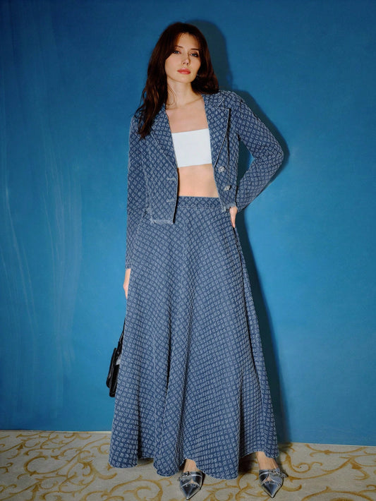 CM-SS341667 Women Elegant Seoul Style Lapel Collar Raw Edge Jacquard Denim Jacket With Maxi Skirt - Set