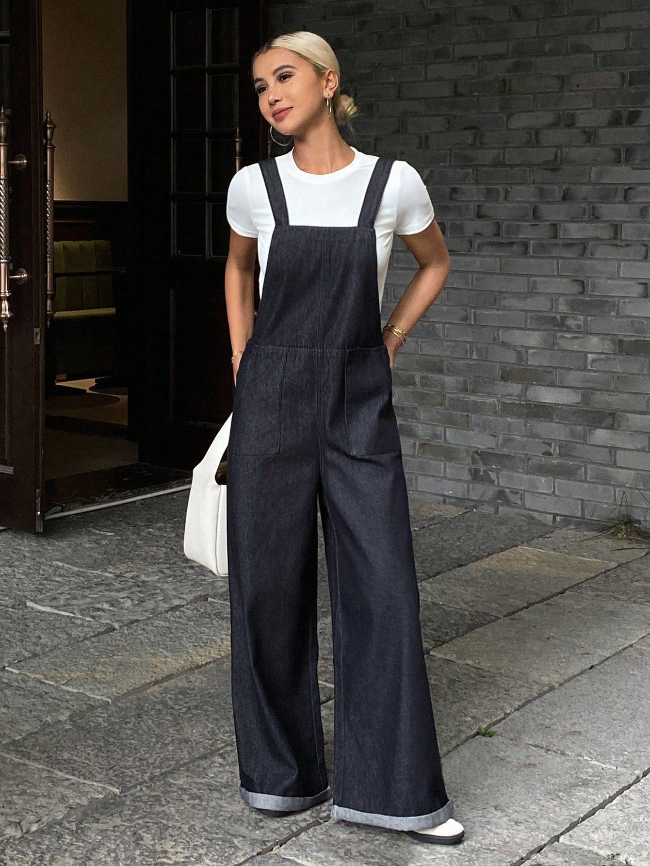 CM-JS624062 Women Casual Seoul Style Dark Wash Straps Neckline Loose Long Denim Bib Jumpsuit Overalls