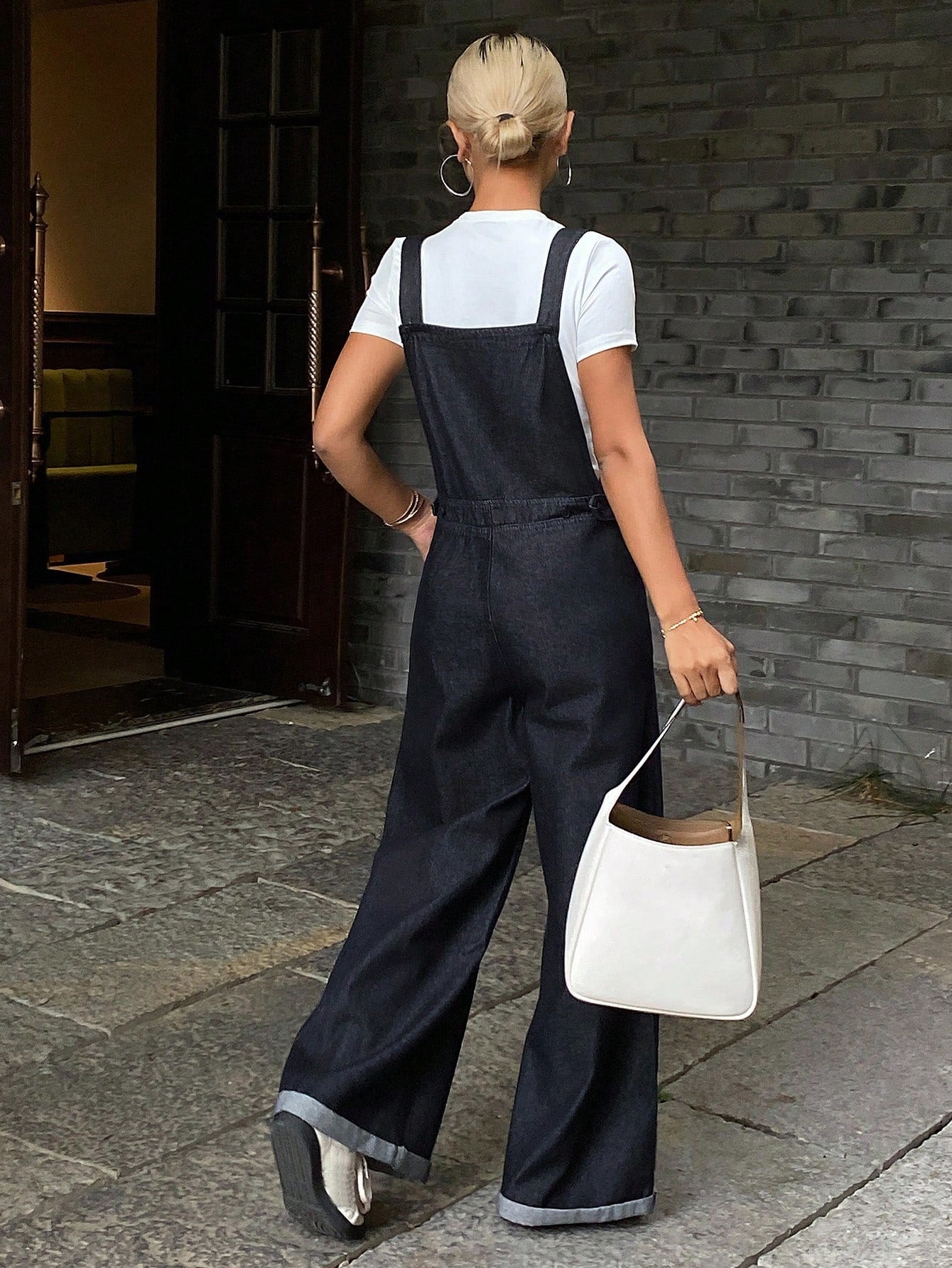 CM-JS624062 Women Casual Seoul Style Dark Wash Straps Neckline Loose Long Denim Bib Jumpsuit Overalls