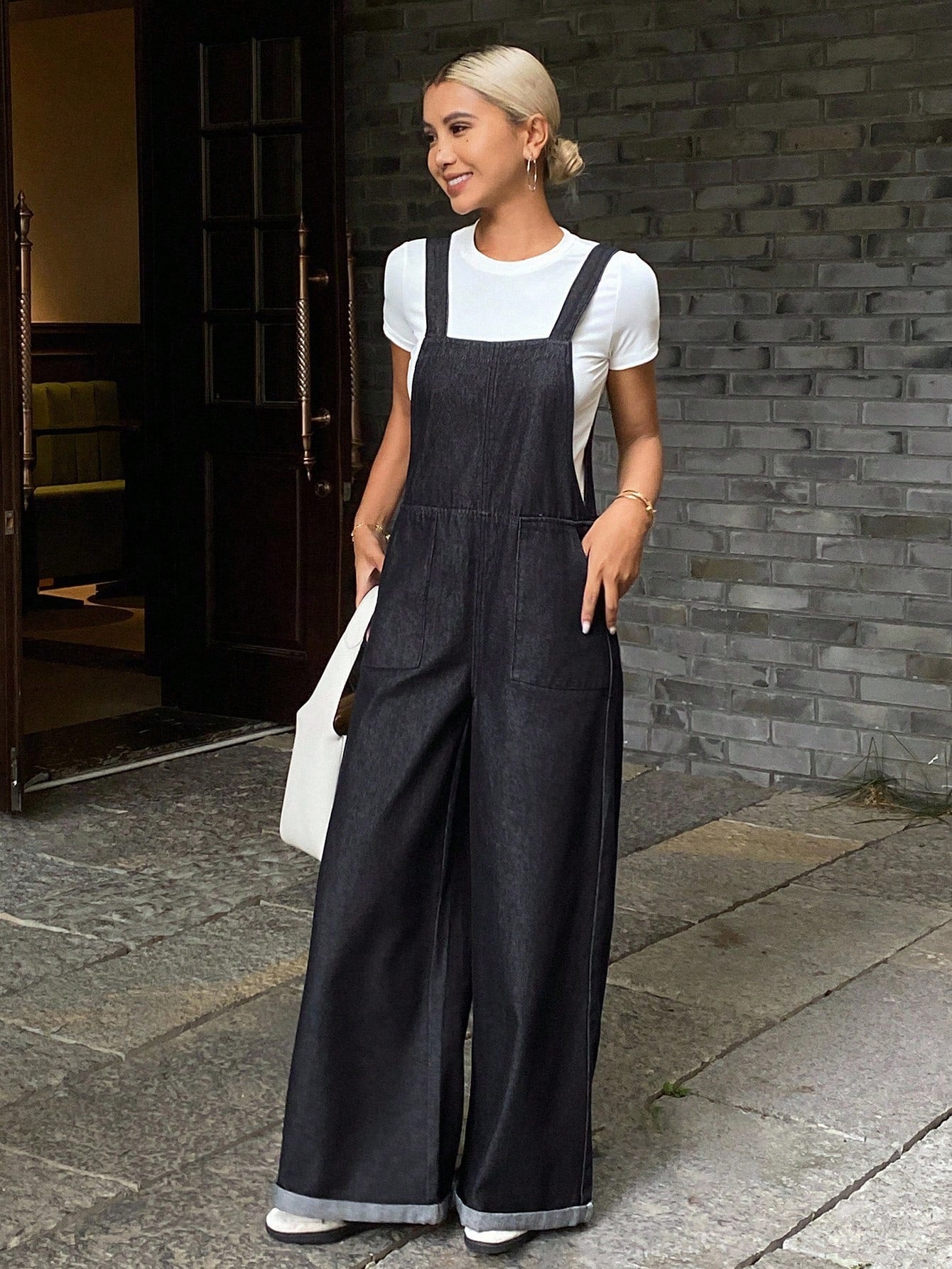CM-JS624062 Women Casual Seoul Style Dark Wash Straps Neckline Loose Long Denim Bib Jumpsuit Overalls