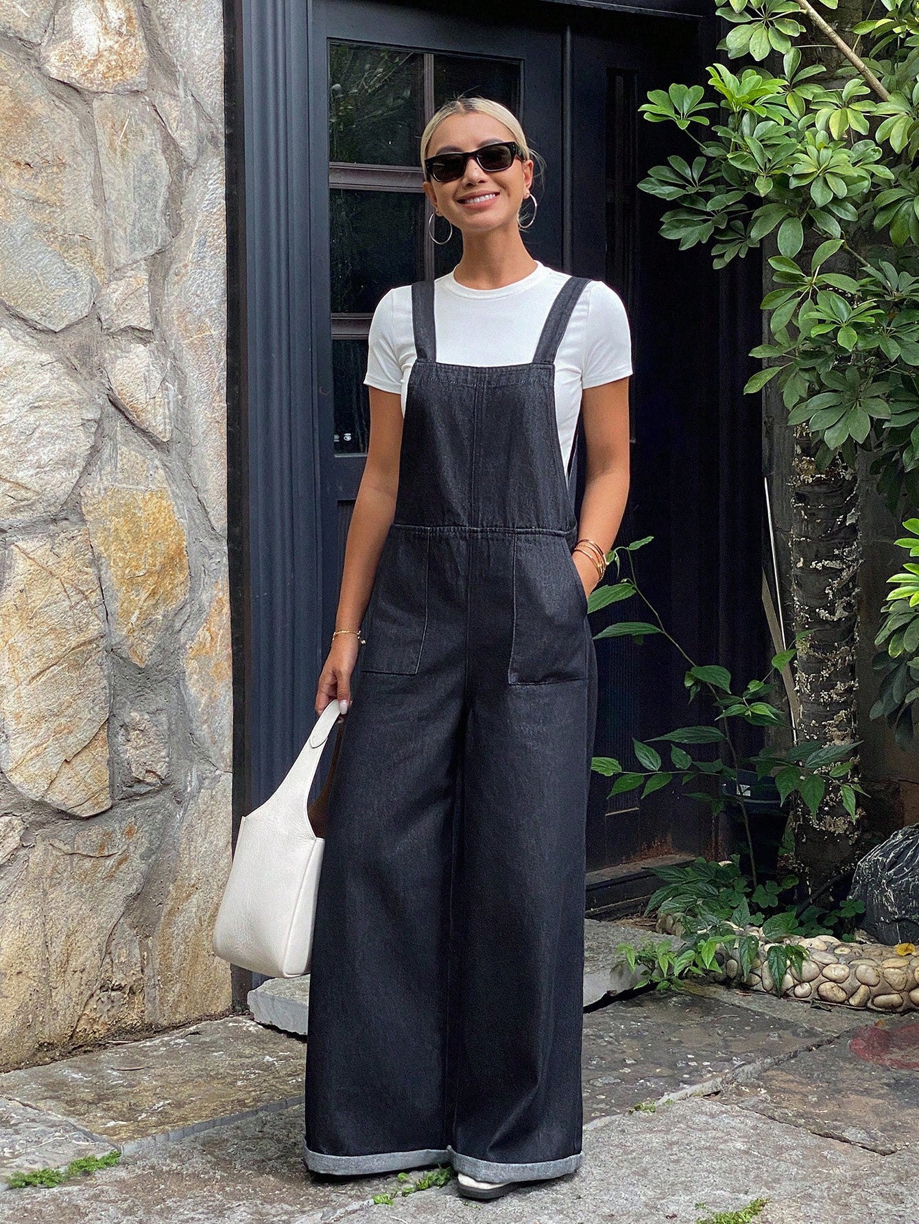 CM-JS624062 Women Casual Seoul Style Dark Wash Straps Neckline Loose Long Denim Bib Jumpsuit Overalls