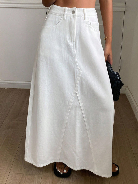 CM-BS675321 Women Casual Seoul Style Mid Waist A-Line Maxi Denim Skirt - White