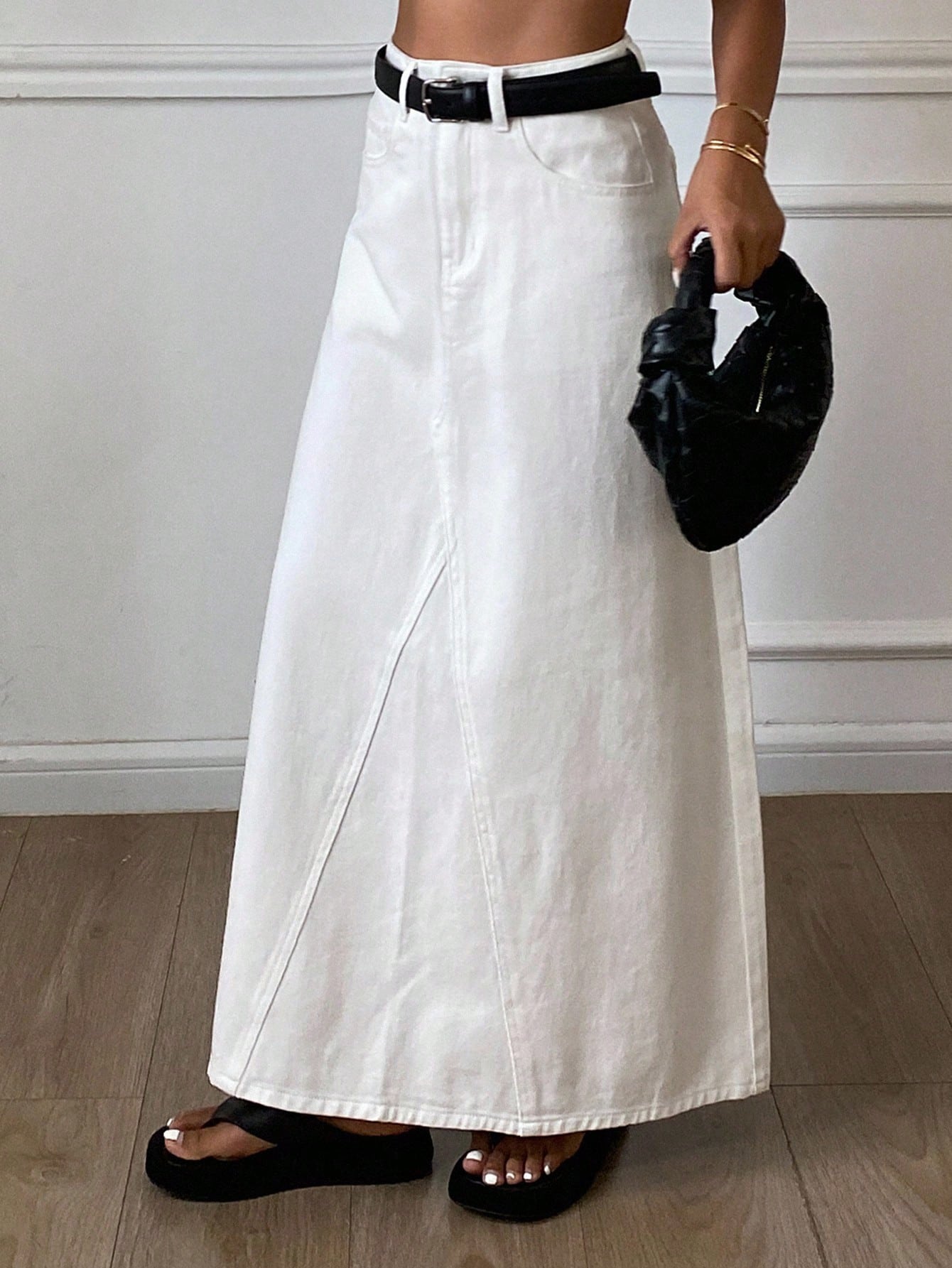 CM-BS675321 Women Casual Seoul Style Mid Waist A-Line Maxi Denim Skirt - White