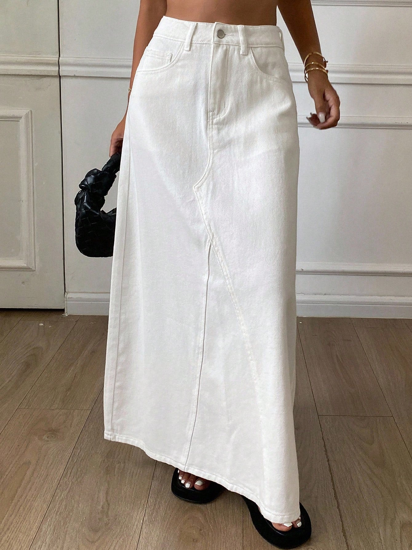 CM-BS675321 Women Casual Seoul Style Mid Waist A-Line Maxi Denim Skirt - White