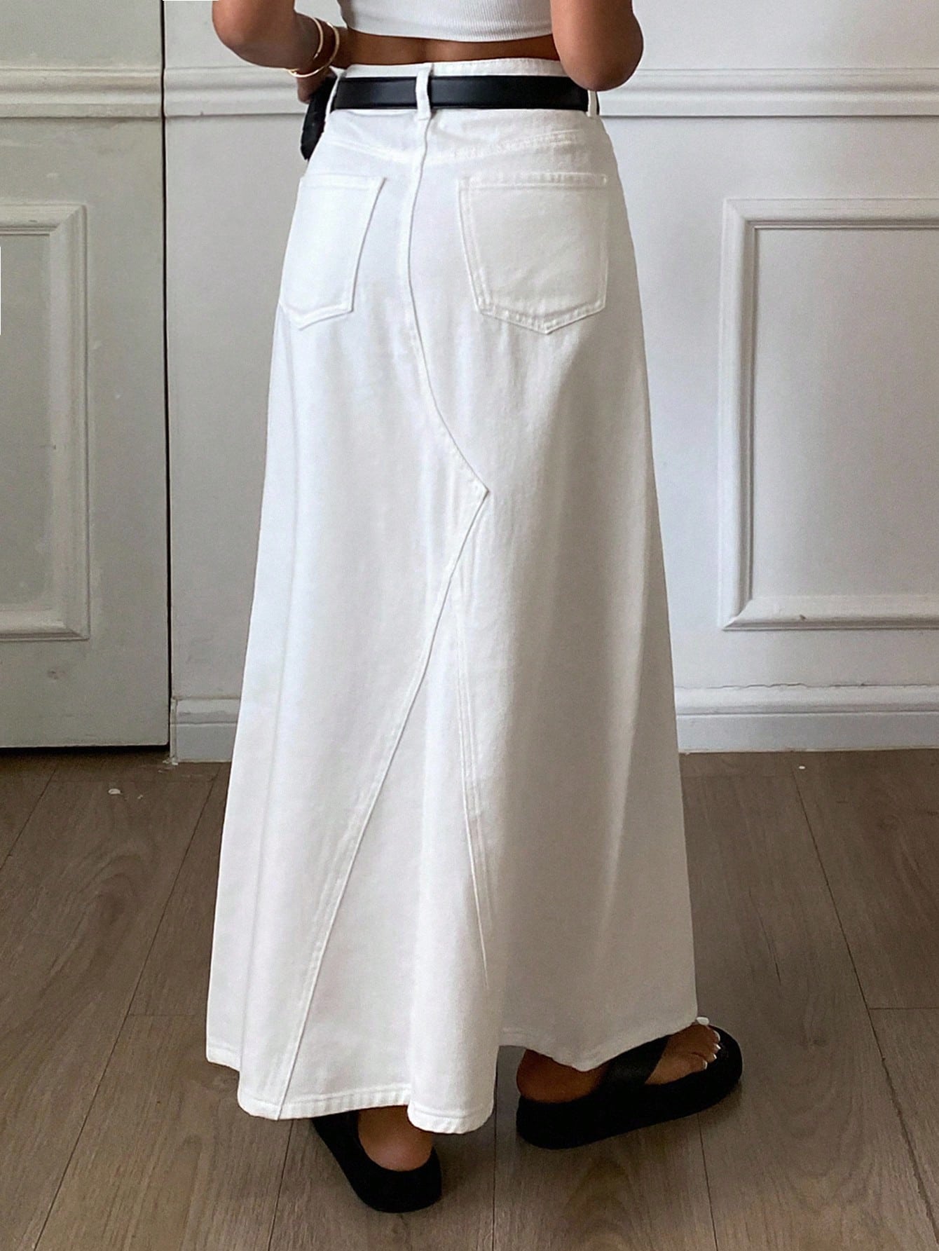 CM-BS675321 Women Casual Seoul Style Mid Waist A-Line Maxi Denim Skirt - White
