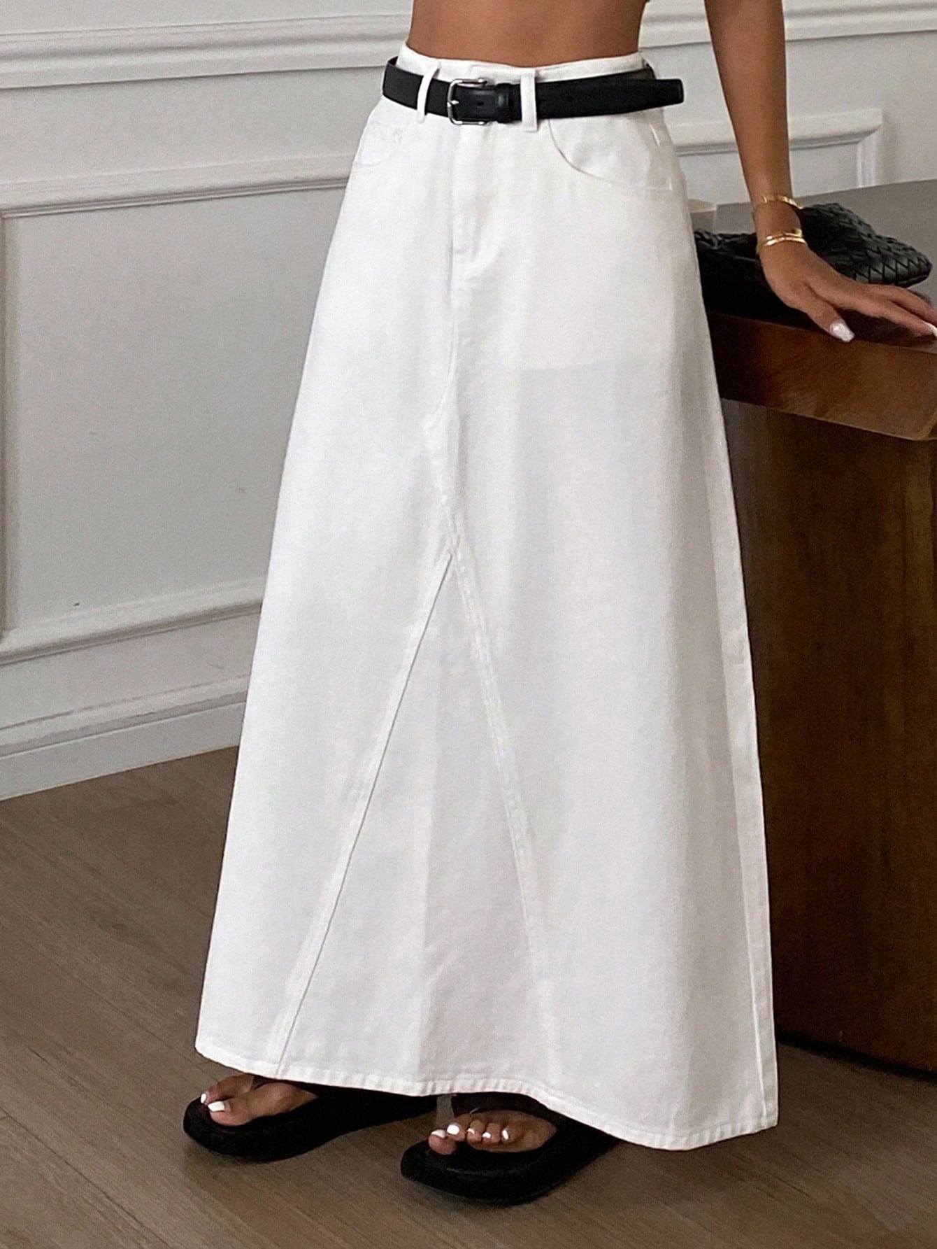 CM-BS675321 Women Casual Seoul Style Mid Waist A-Line Maxi Denim Skirt - White