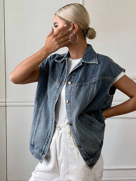 CM-CS084257 Women Casual Seoul Style Medium Wash Lapel Neckline Sleeveless Oversized Denim Vest