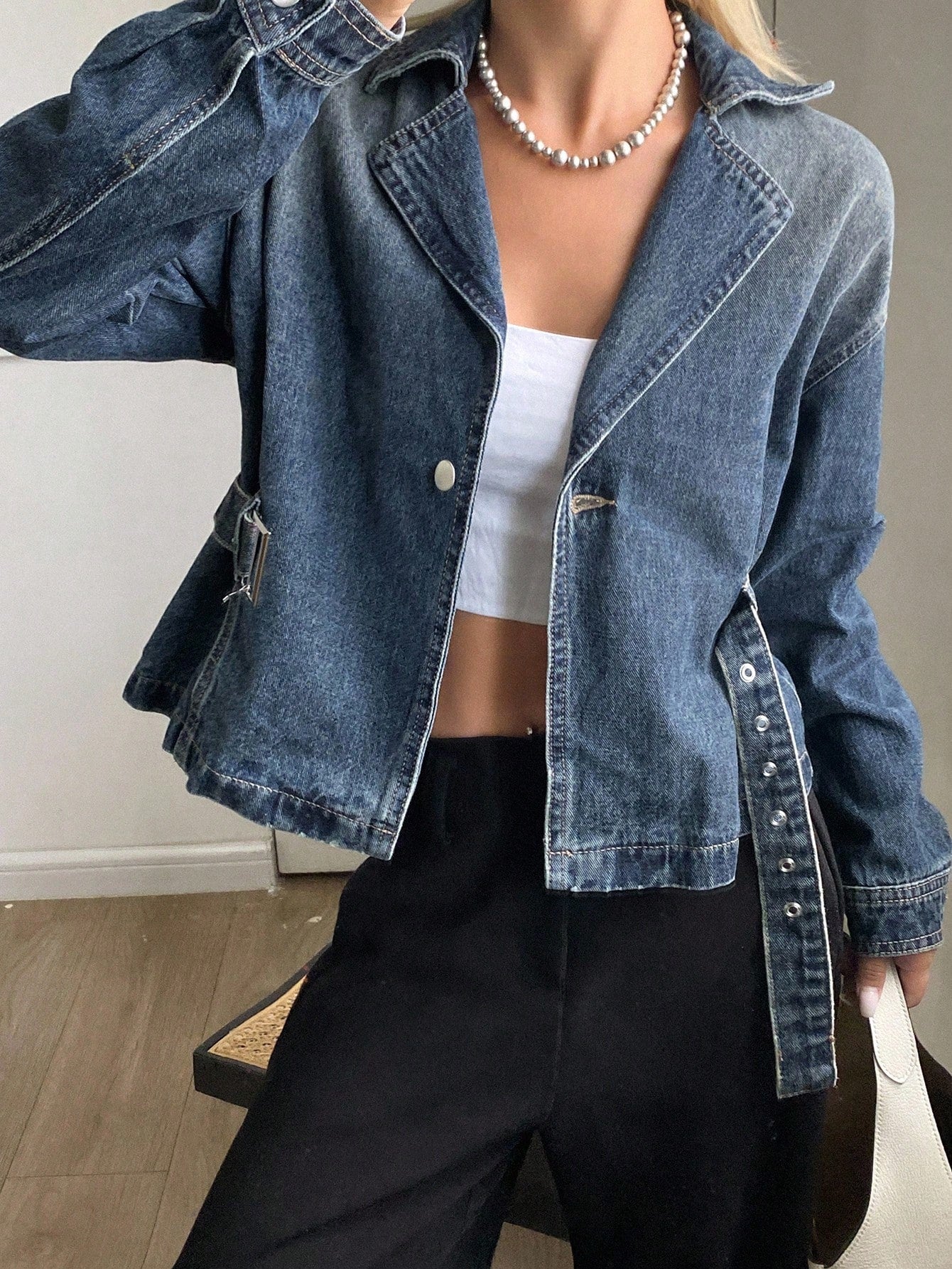 CM-CS933685 Women Casual Seoul Style Medium Wash Lapel Neckline Tie Collar Long Sleeve Denim Jacket