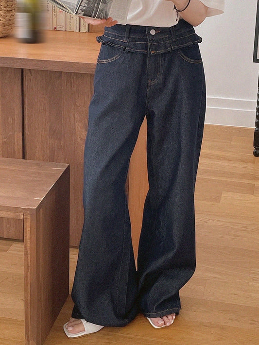 CM-BS445832 Women Casual Seoul Style Dark Wash Splice Ruffle Hem 2 In 1 Drawstring Loose Long Jeans
