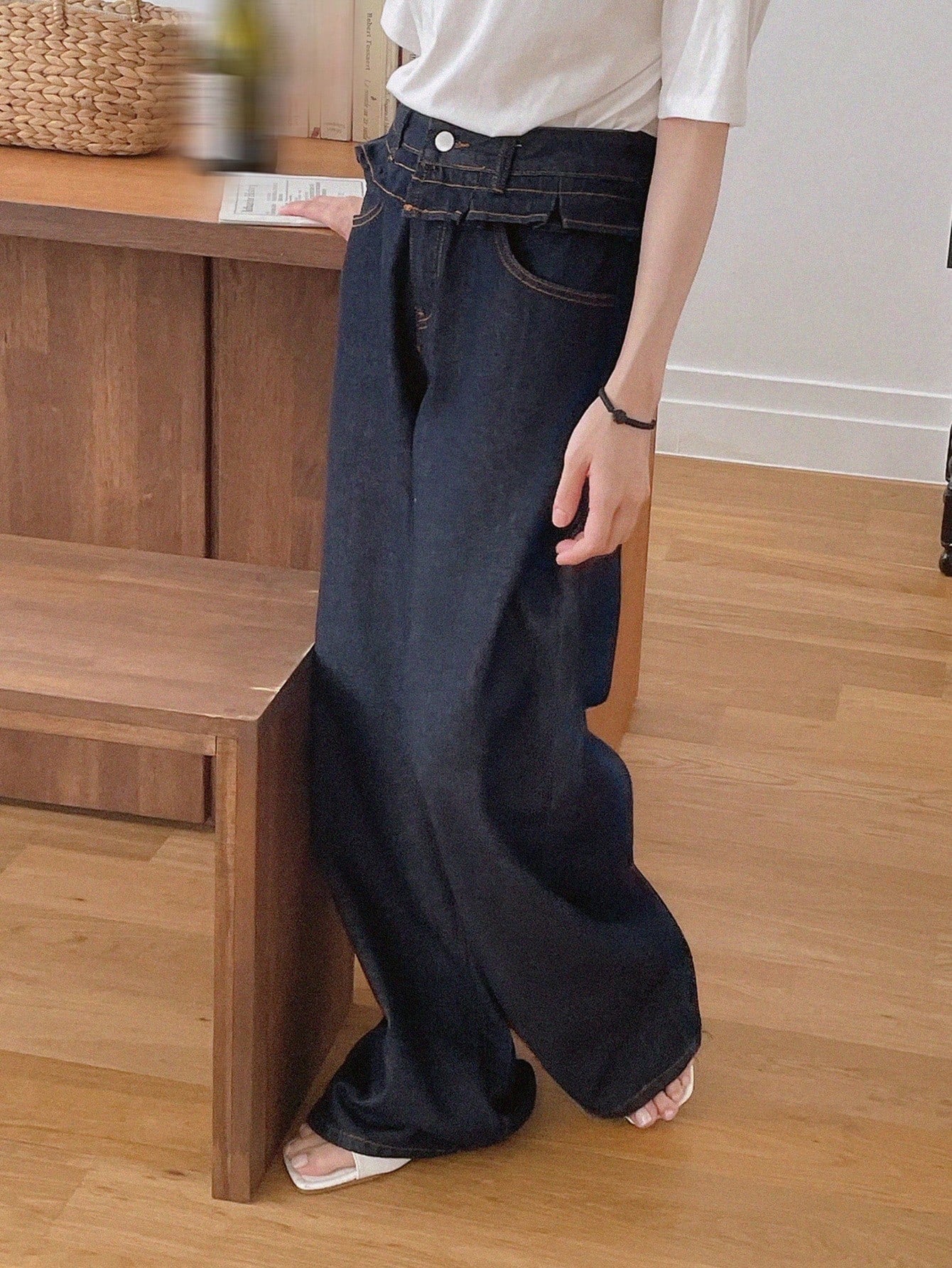 CM-BS445832 Women Casual Seoul Style Dark Wash Splice Ruffle Hem 2 In 1 Drawstring Loose Long Jeans