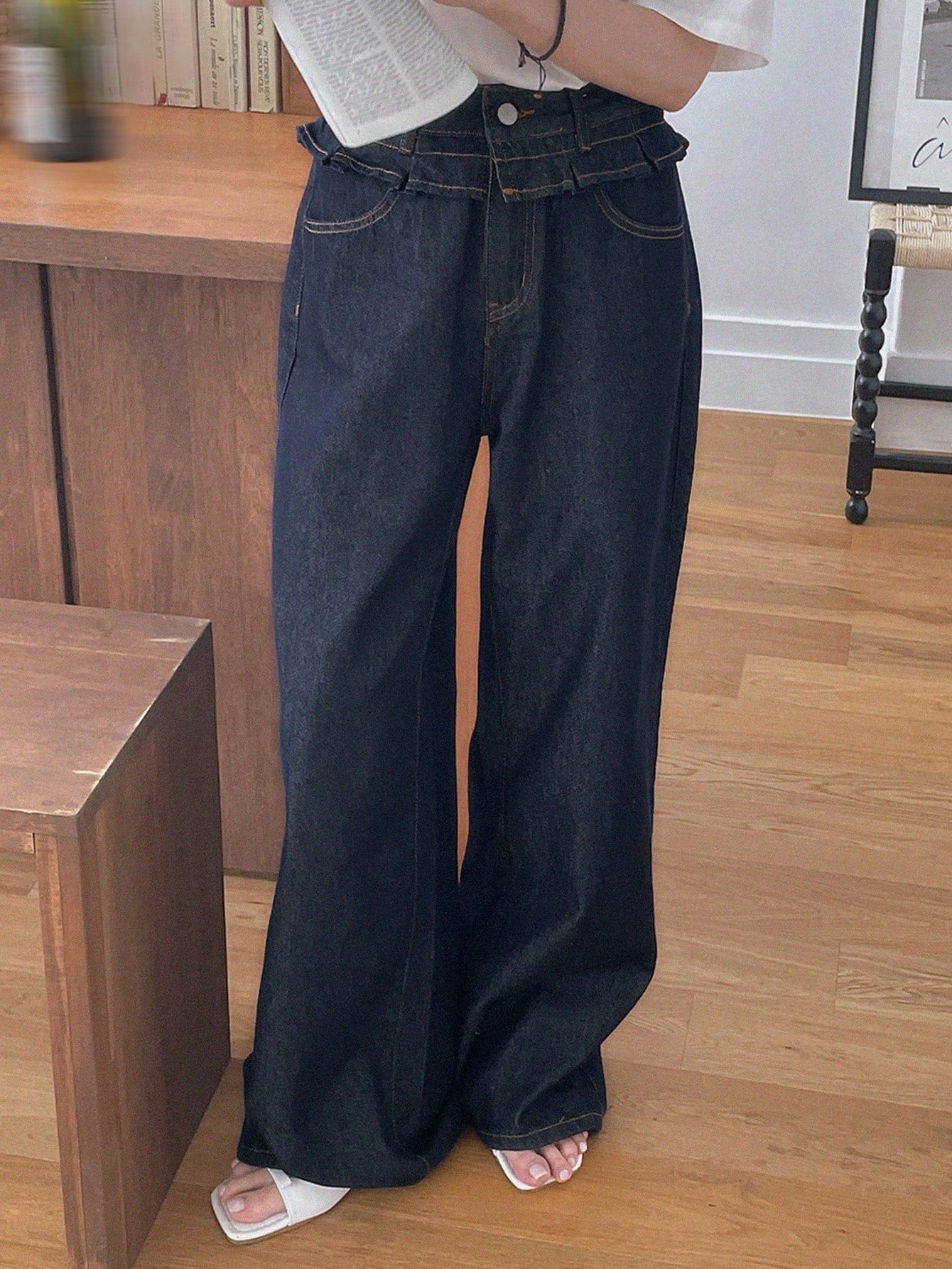 CM-BS445832 Women Casual Seoul Style Dark Wash Splice Ruffle Hem 2 In 1 Drawstring Loose Long Jeans