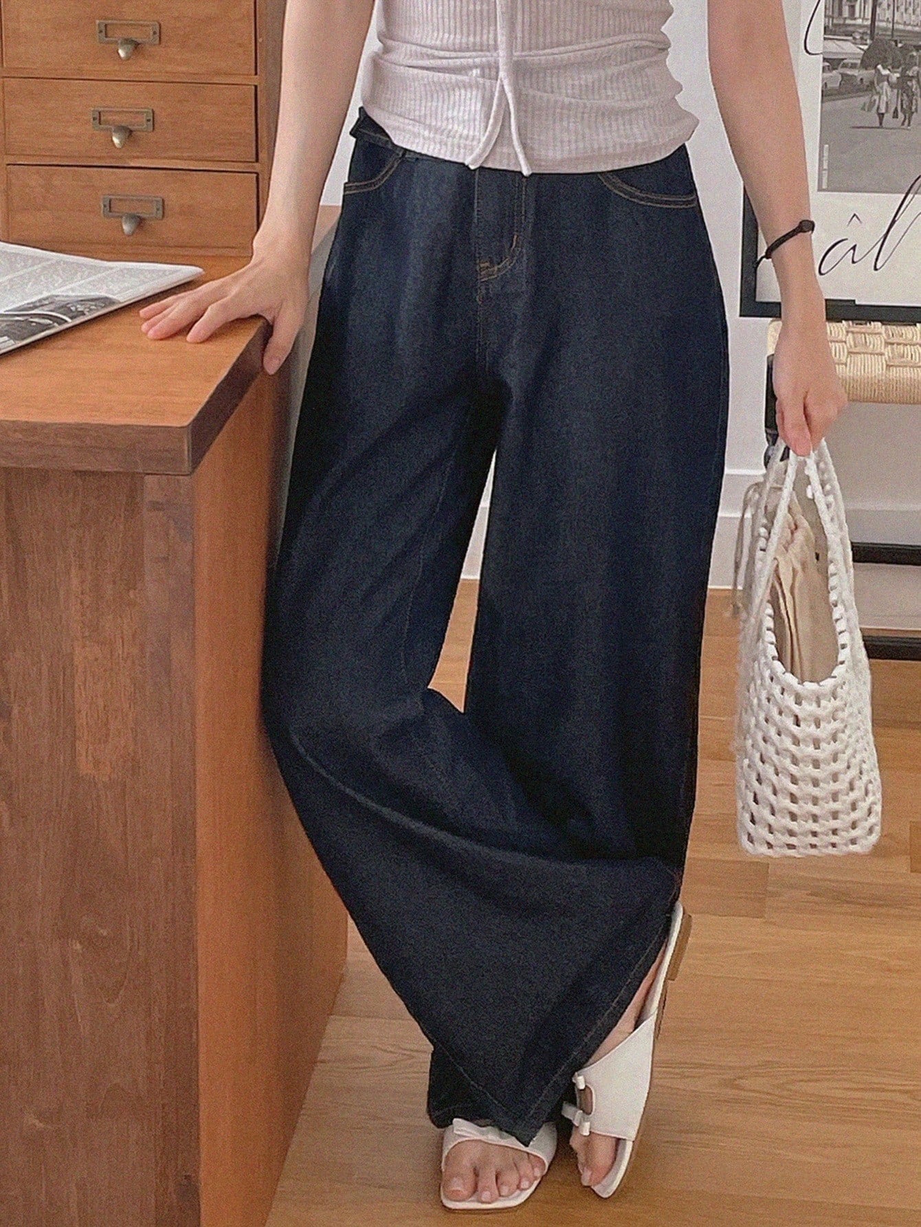 CM-BS445832 Women Casual Seoul Style Dark Wash Splice Ruffle Hem 2 In 1 Drawstring Loose Long Jeans