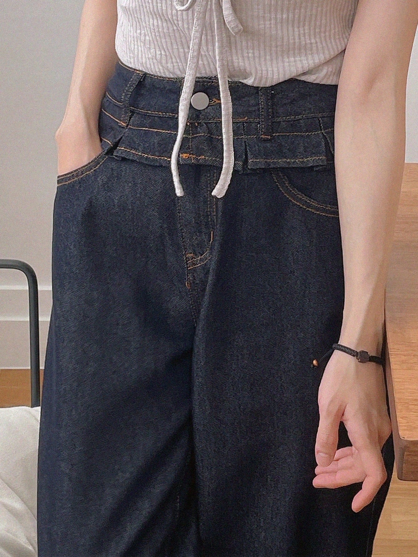 CM-BS445832 Women Casual Seoul Style Dark Wash Splice Ruffle Hem 2 In 1 Drawstring Loose Long Jeans