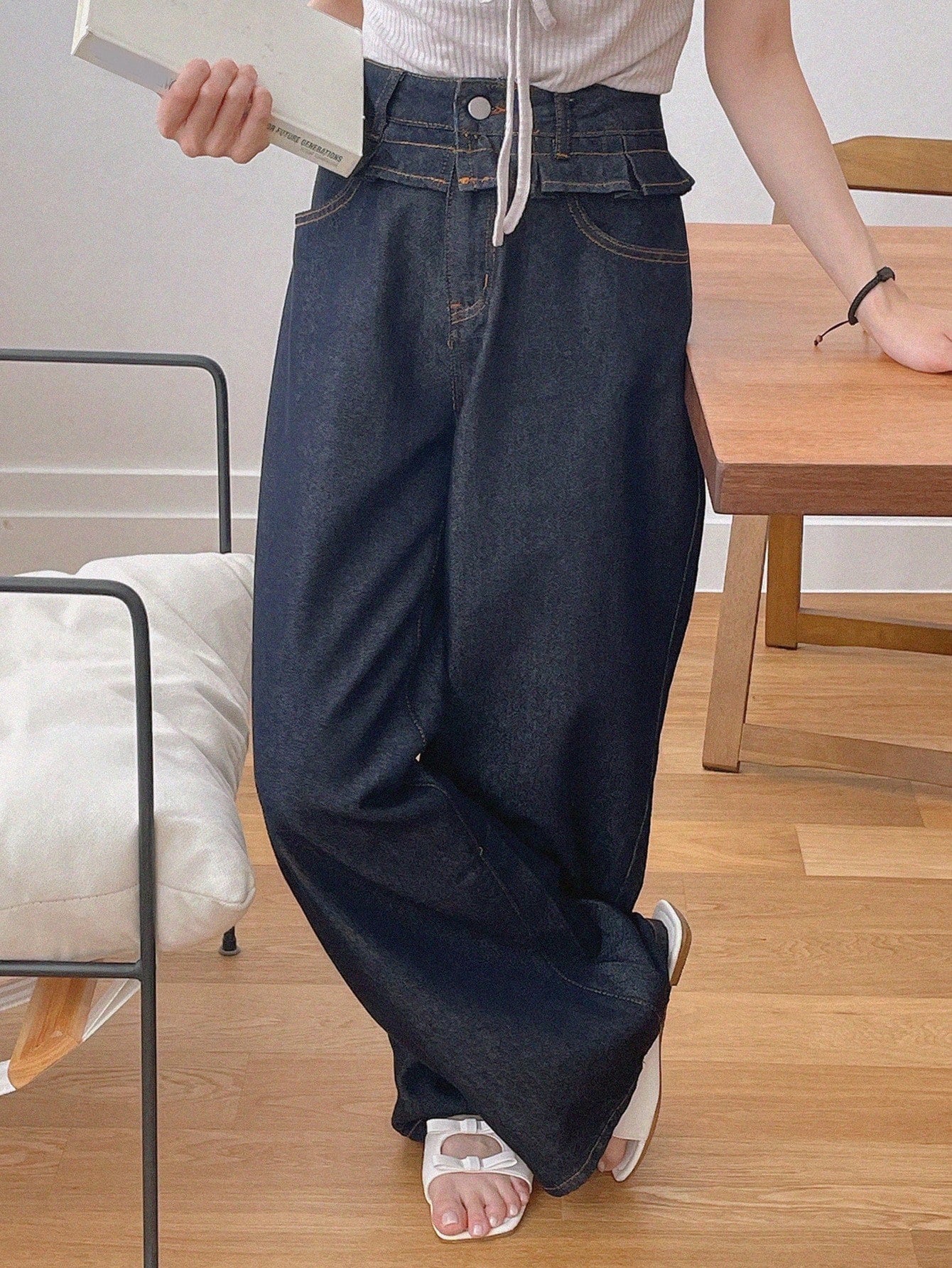 CM-BS445832 Women Casual Seoul Style Dark Wash Splice Ruffle Hem 2 In 1 Drawstring Loose Long Jeans