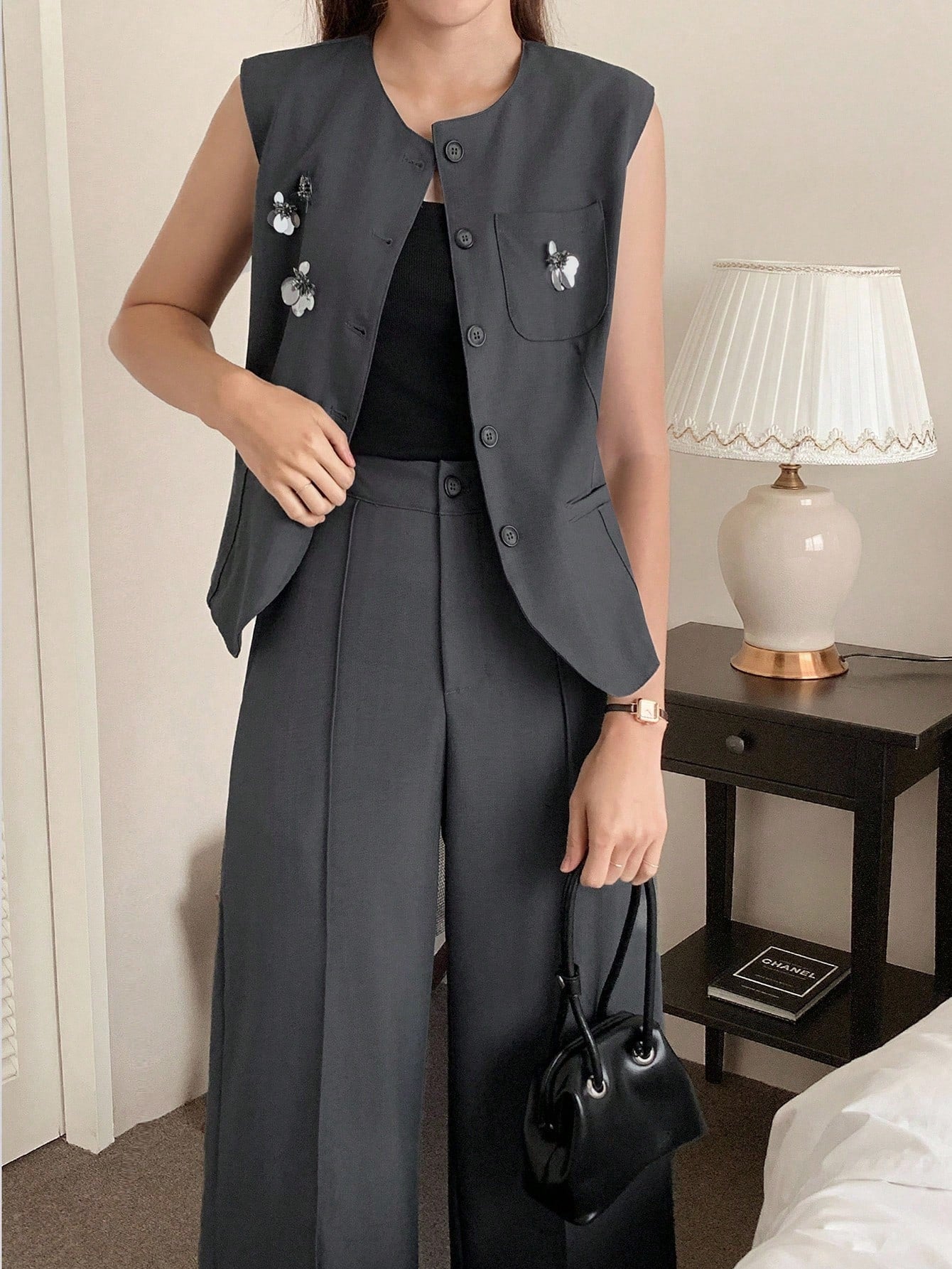 CM-SS243577 Women Elegant Seoul Style Round Neck Sequin And Beaded Decor Vest  With Straight Leg Pants - Set