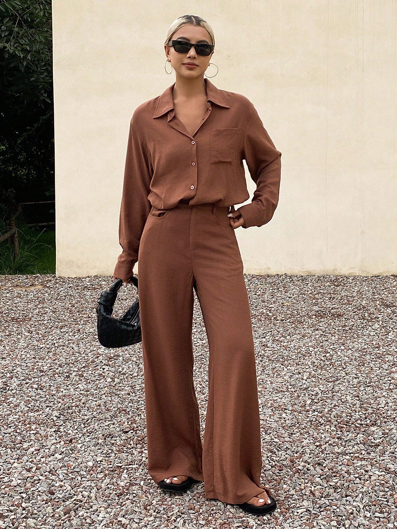 CM-SS444704 Women Casual Seoul Style Shirt Collar Long Sleeve Loose Top With Wide Leg Pants - Set