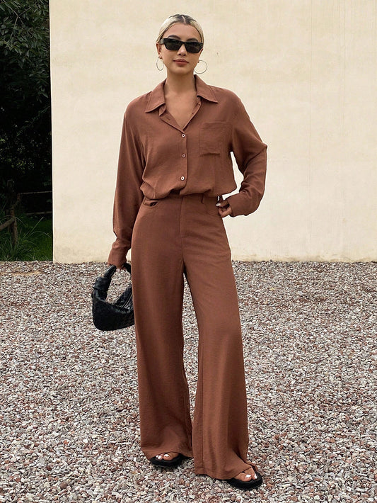 CM-SS444704 Women Casual Seoul Style Shirt Collar Long Sleeve Loose Top With Wide Leg Pants - Set