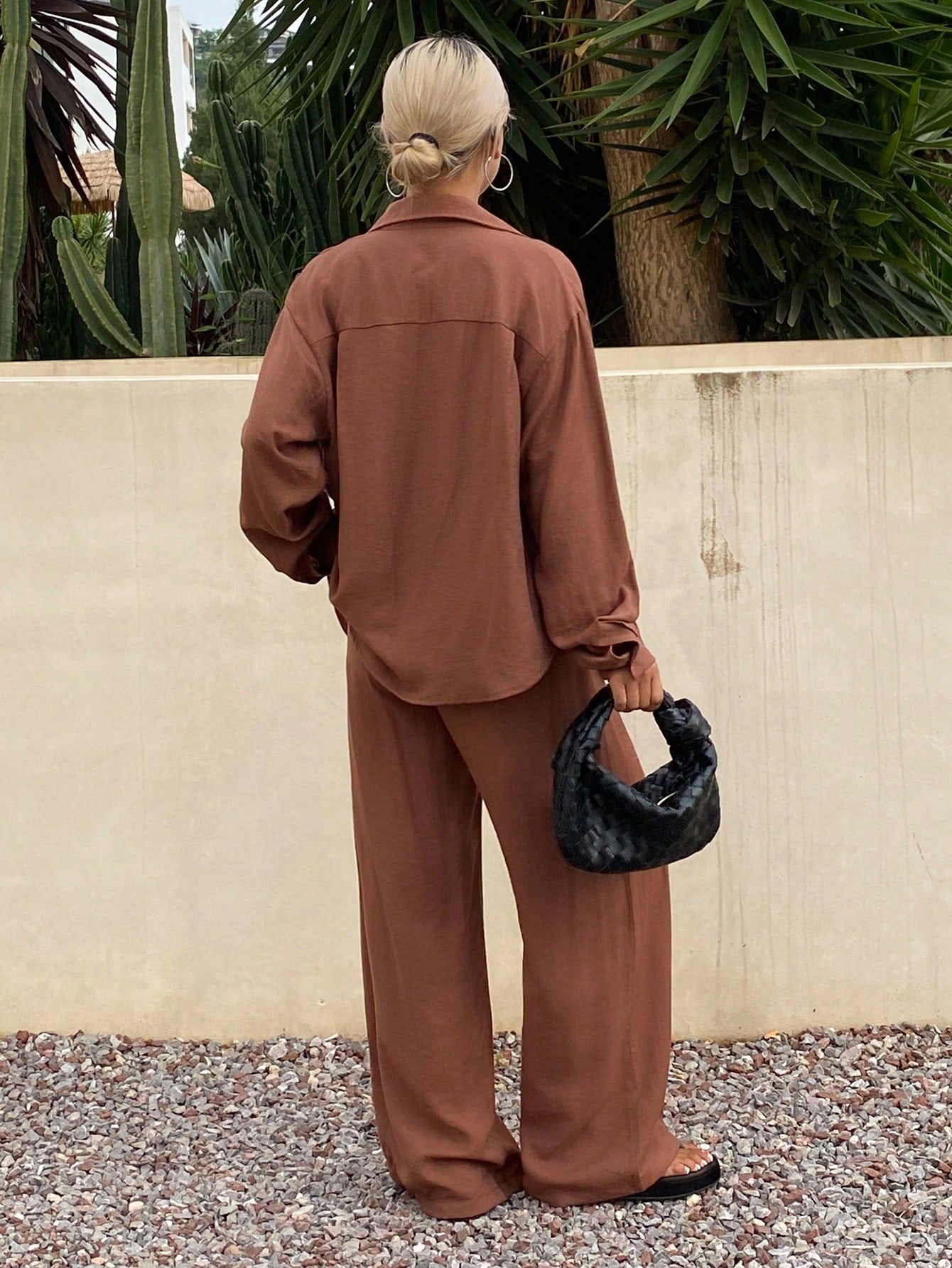 CM-SS444704 Women Casual Seoul Style Shirt Collar Long Sleeve Loose Top With Wide Leg Pants - Set