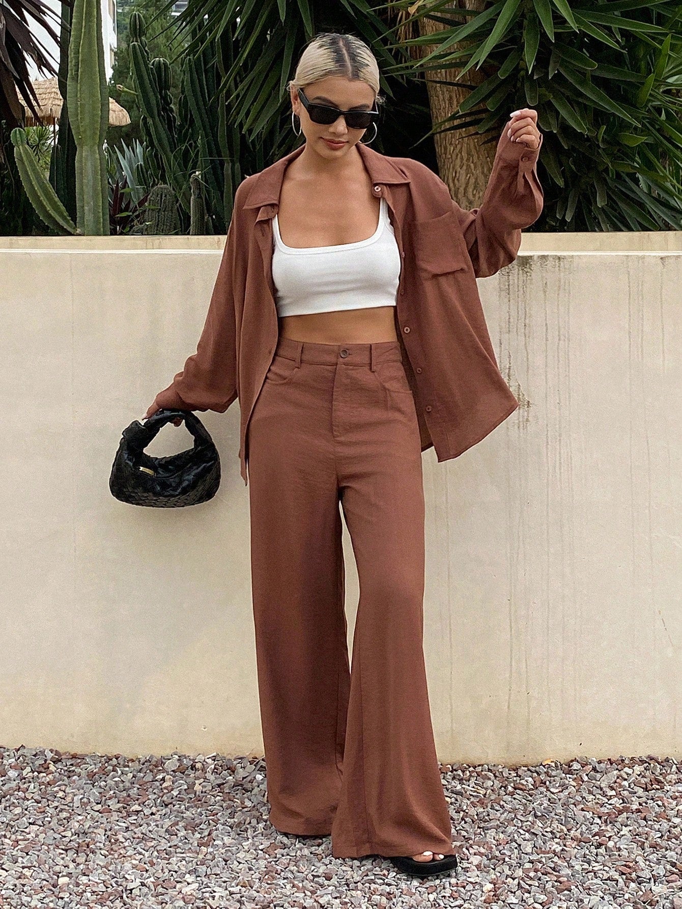 CM-SS444704 Women Casual Seoul Style Shirt Collar Long Sleeve Loose Top With Wide Leg Pants - Set