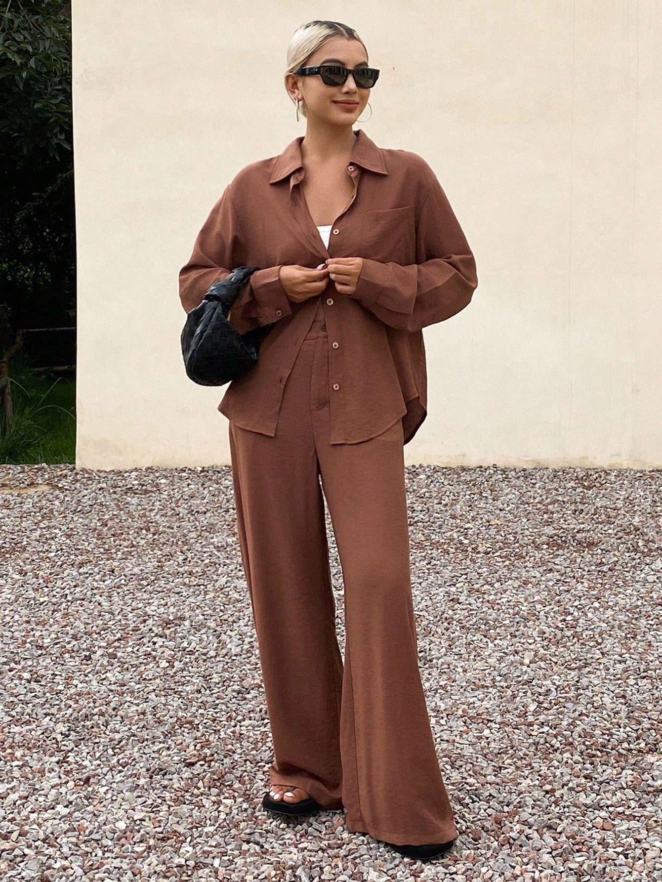 CM-SS444704 Women Casual Seoul Style Shirt Collar Long Sleeve Loose Top With Wide Leg Pants - Set