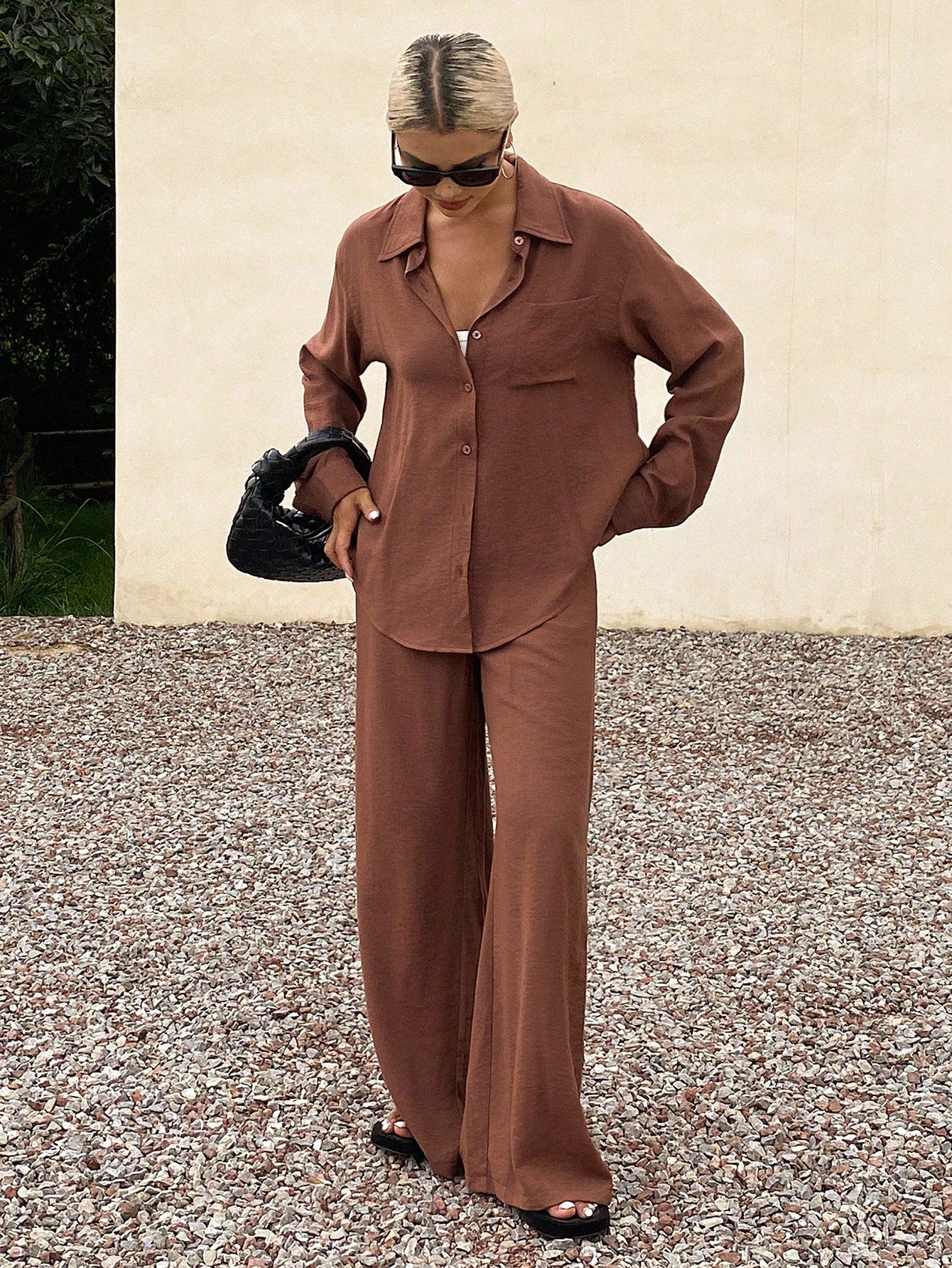 CM-SS444704 Women Casual Seoul Style Shirt Collar Long Sleeve Loose Top With Wide Leg Pants - Set