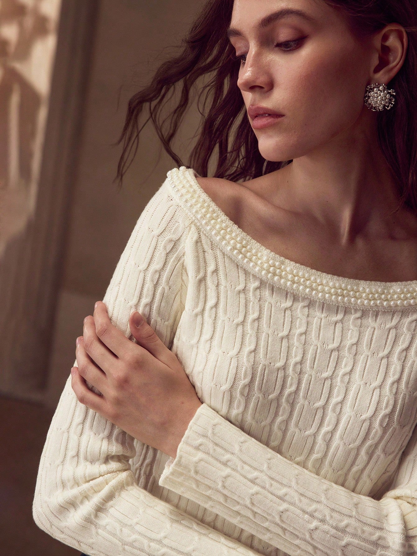 CM-CS528728 Women Elegant Seoul Style Faux Pearl Boat Neck Long Sleeve Slim Fit Knit Pullover Sweater - Beige