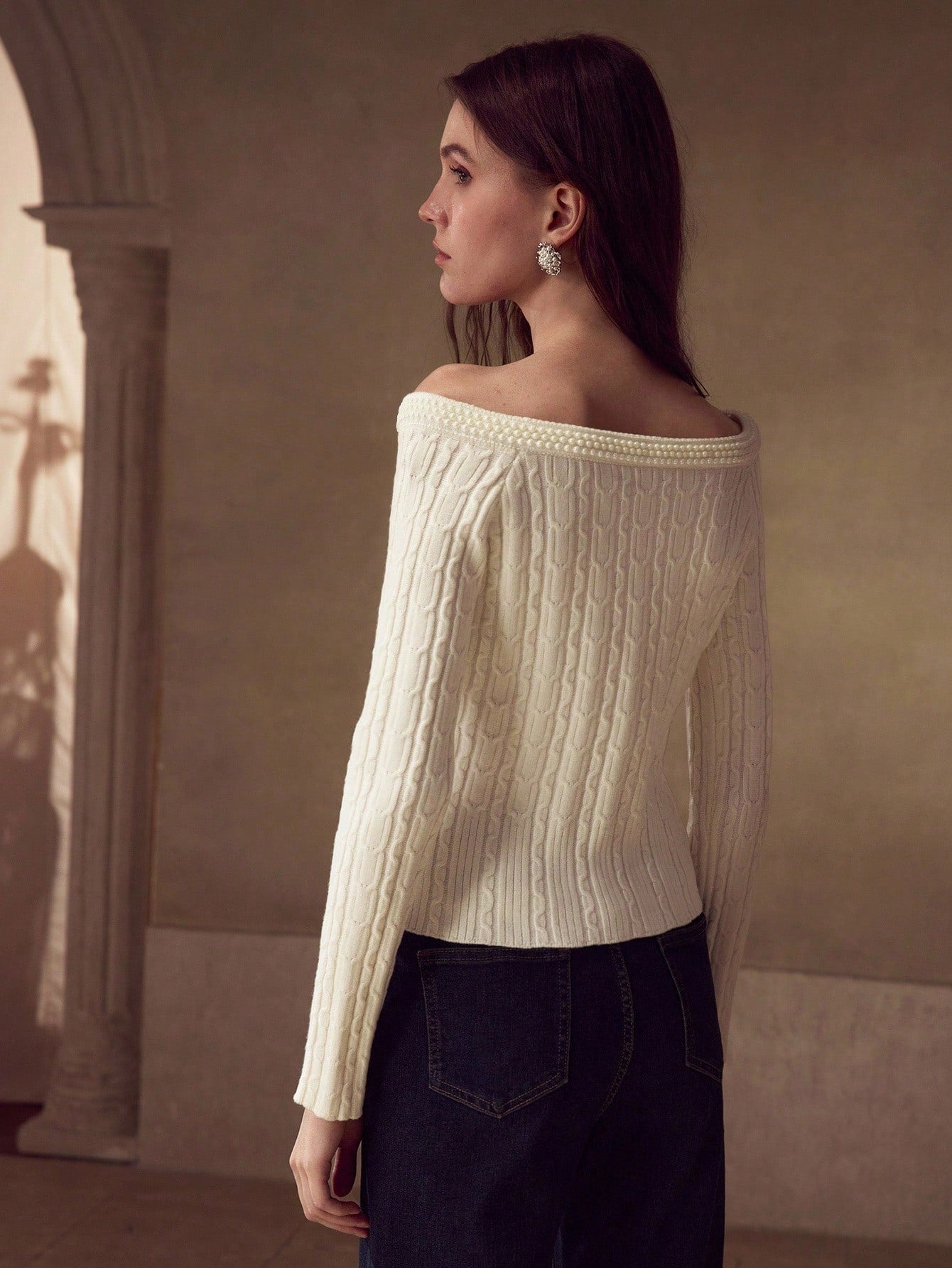 CM-CS528728 Women Elegant Seoul Style Faux Pearl Boat Neck Long Sleeve Slim Fit Knit Pullover Sweater - Beige