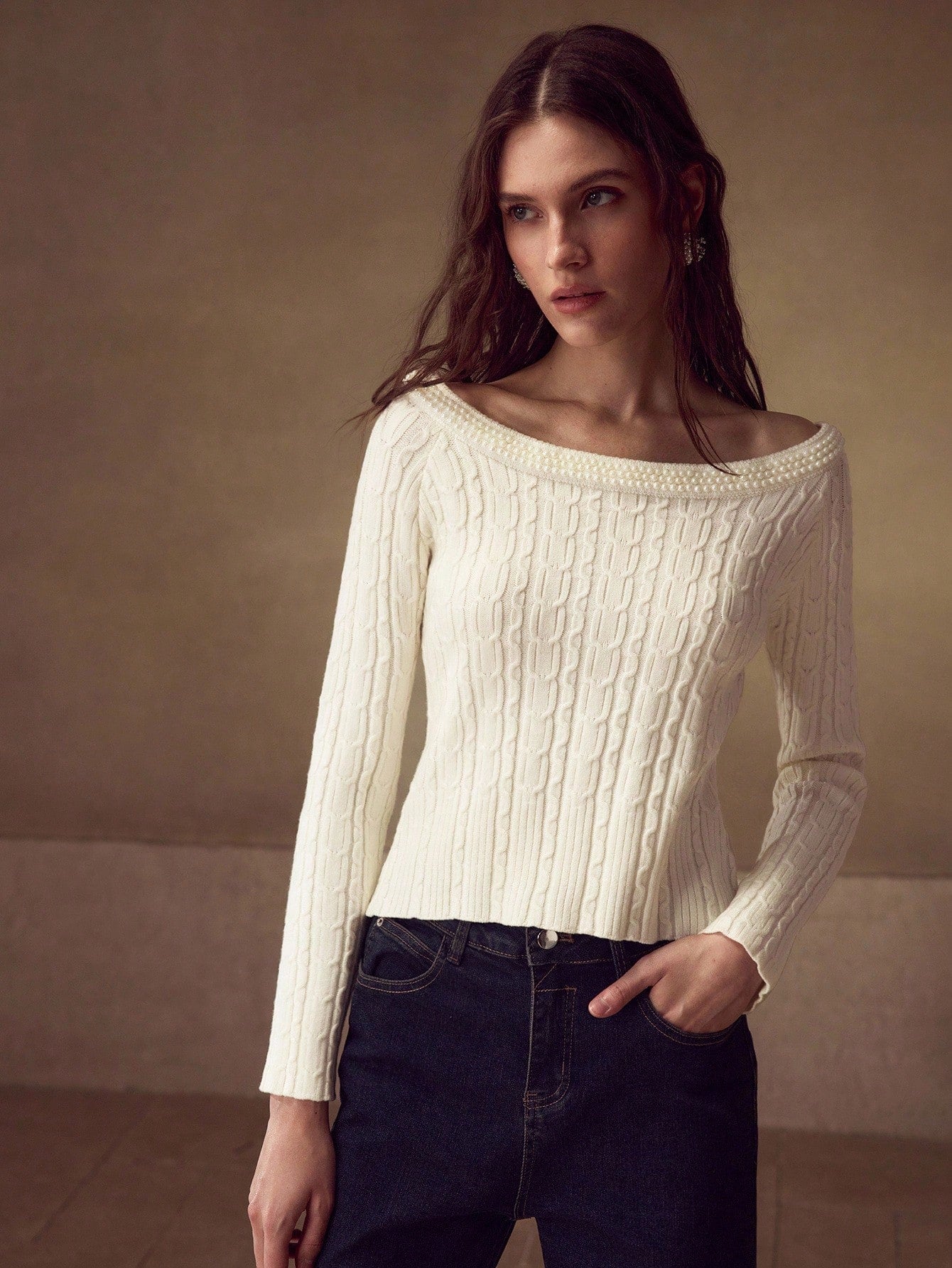 CM-CS528728 Women Elegant Seoul Style Faux Pearl Boat Neck Long Sleeve Slim Fit Knit Pullover Sweater - Beige