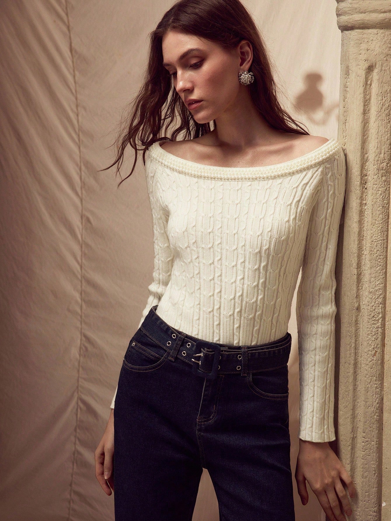 CM-CS528728 Women Elegant Seoul Style Faux Pearl Boat Neck Long Sleeve Slim Fit Knit Pullover Sweater - Beige