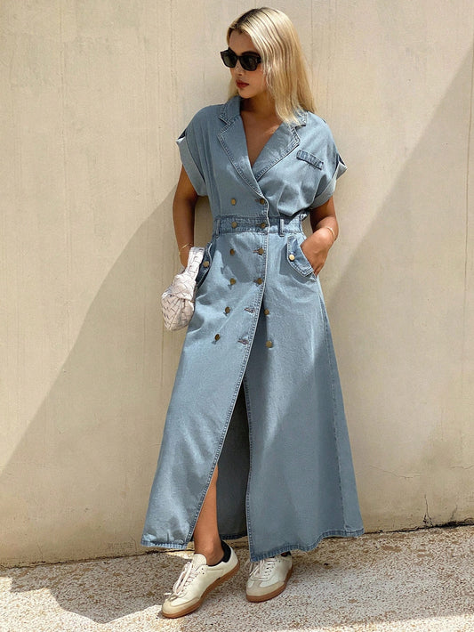 CM-DS803033 Women Casual Seoul Style Light Wash Shirt Collar Barwing Sleeve Midi Denim Dress