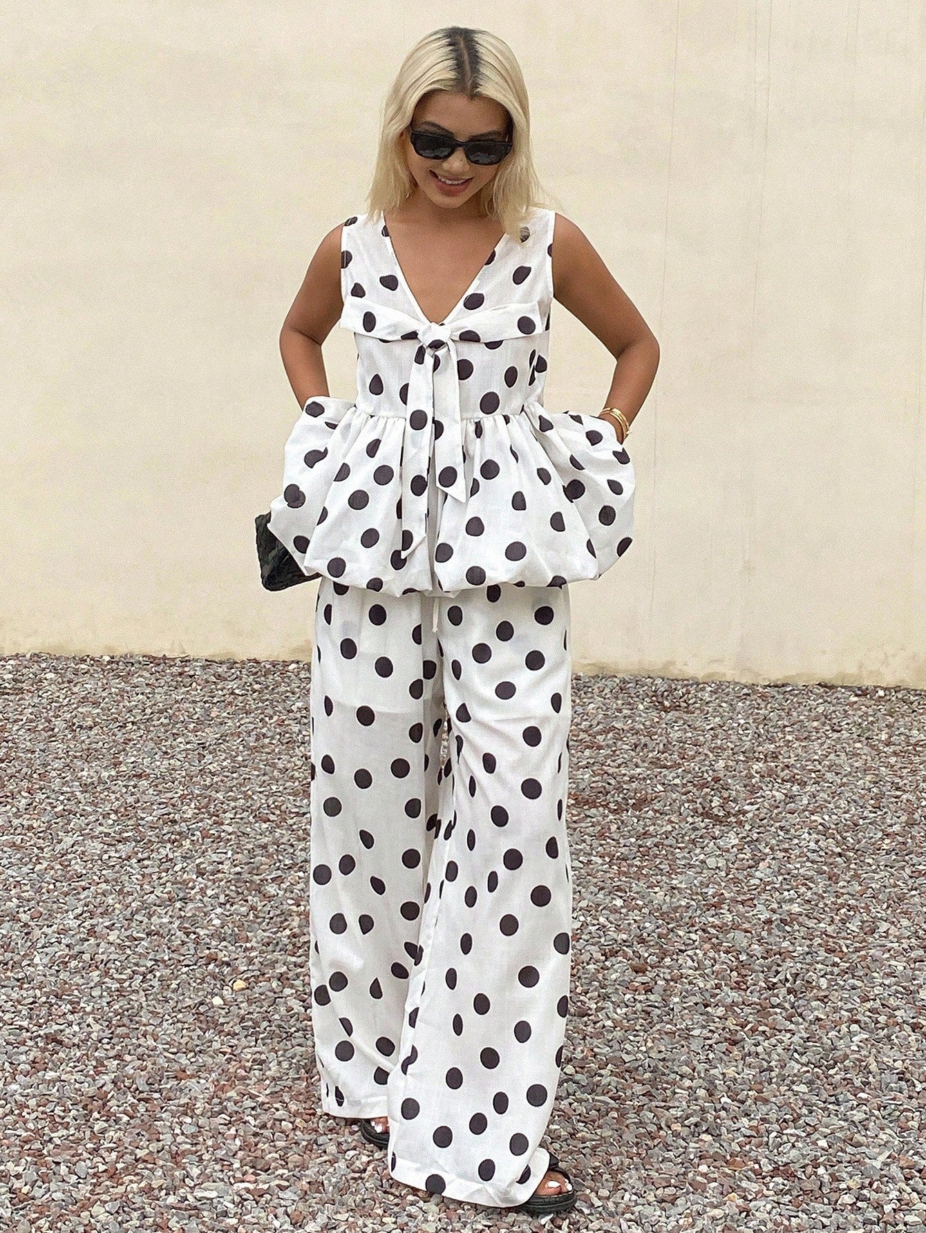 CM-SS533233 Women Trendy Bohemian Style Polka Dot V-Neck Sleeveless Loose Camisole With Long Pants - Set