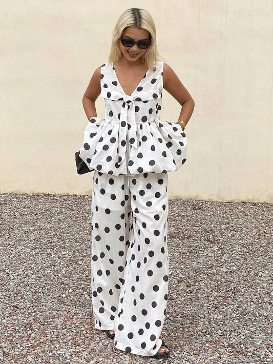 CM-SS533233 Women Trendy Bohemian Style Polka Dot V-Neck Sleeveless Loose Camisole With Long Pants - Set