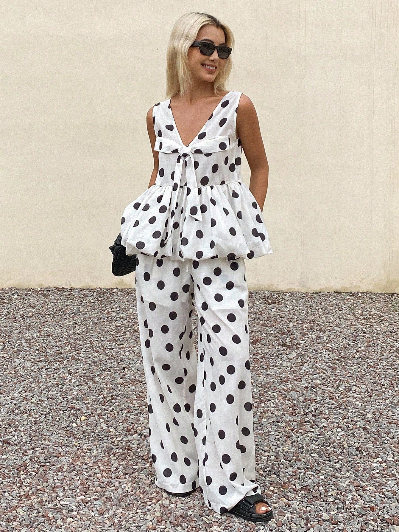 CM-SS533233 Women Trendy Bohemian Style Polka Dot V-Neck Sleeveless Loose Camisole With Long Pants - Set