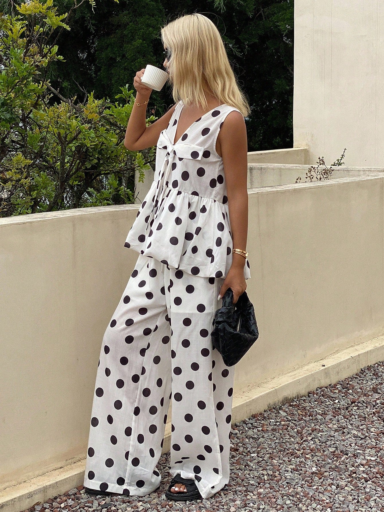 CM-SS533233 Women Trendy Bohemian Style Polka Dot V-Neck Sleeveless Loose Camisole With Long Pants - Set