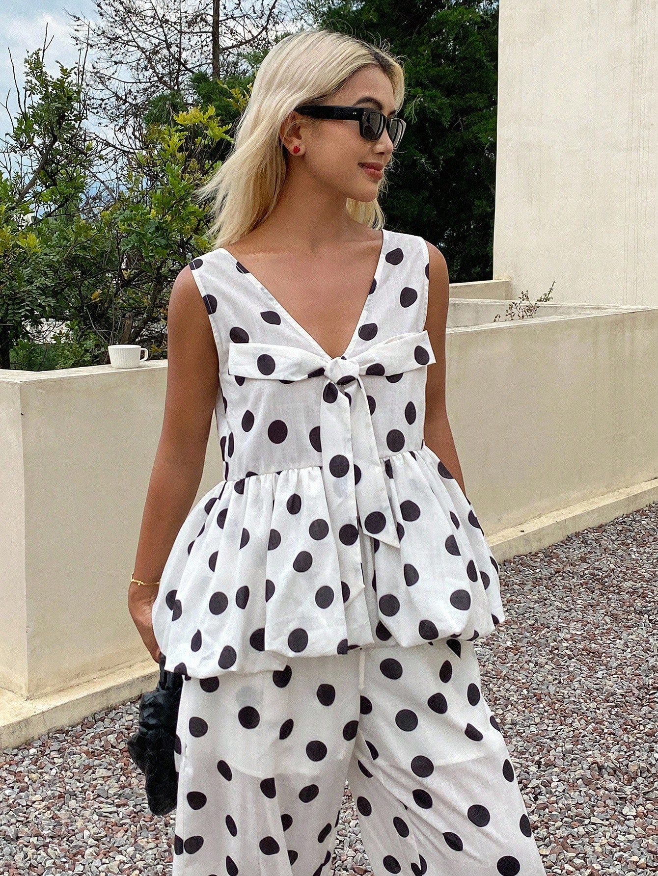 CM-SS533233 Women Trendy Bohemian Style Polka Dot V-Neck Sleeveless Loose Camisole With Long Pants - Set